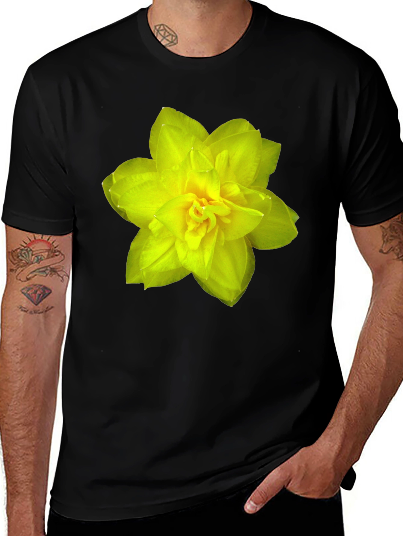Variant 25 of Floral Graphic Tee - Black T-Shirt with Yellow Flower Print