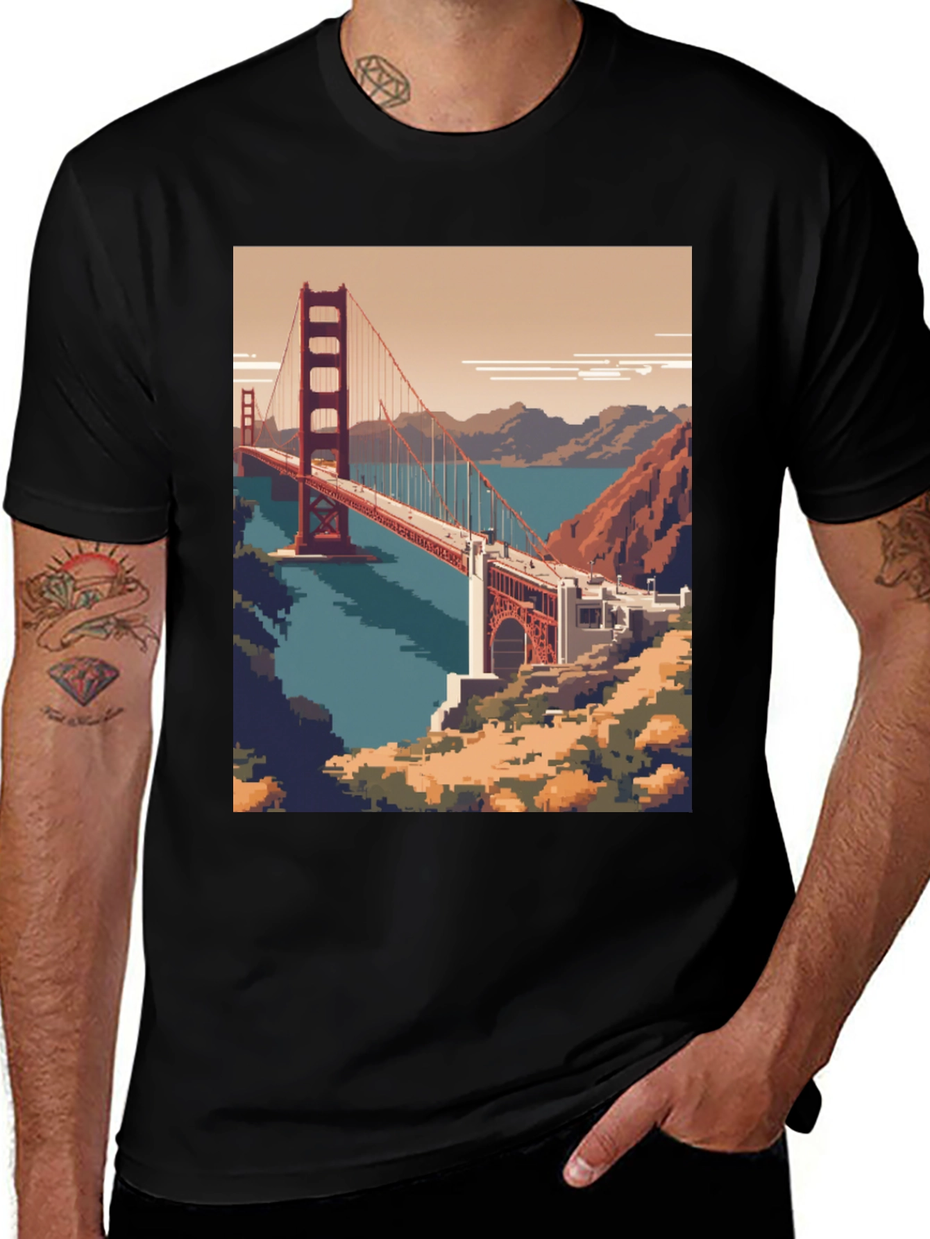Variant 13 of Pixel Art Golden Gate Bridge Black Tee