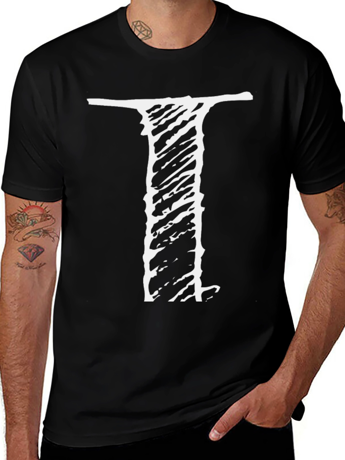 Variant 29 of Men's Black Tee with Distressed "I" Design