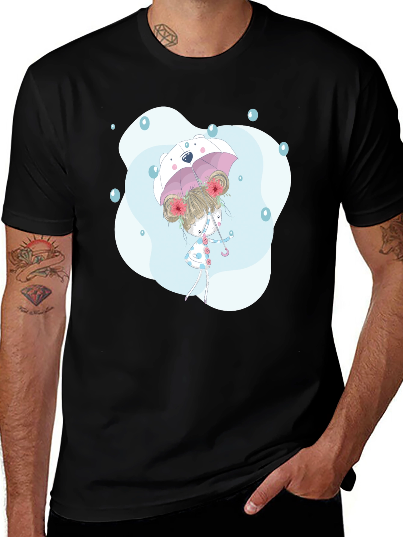 Variant 2 of Cute Girl with Umbrella Black Graphic Tee
