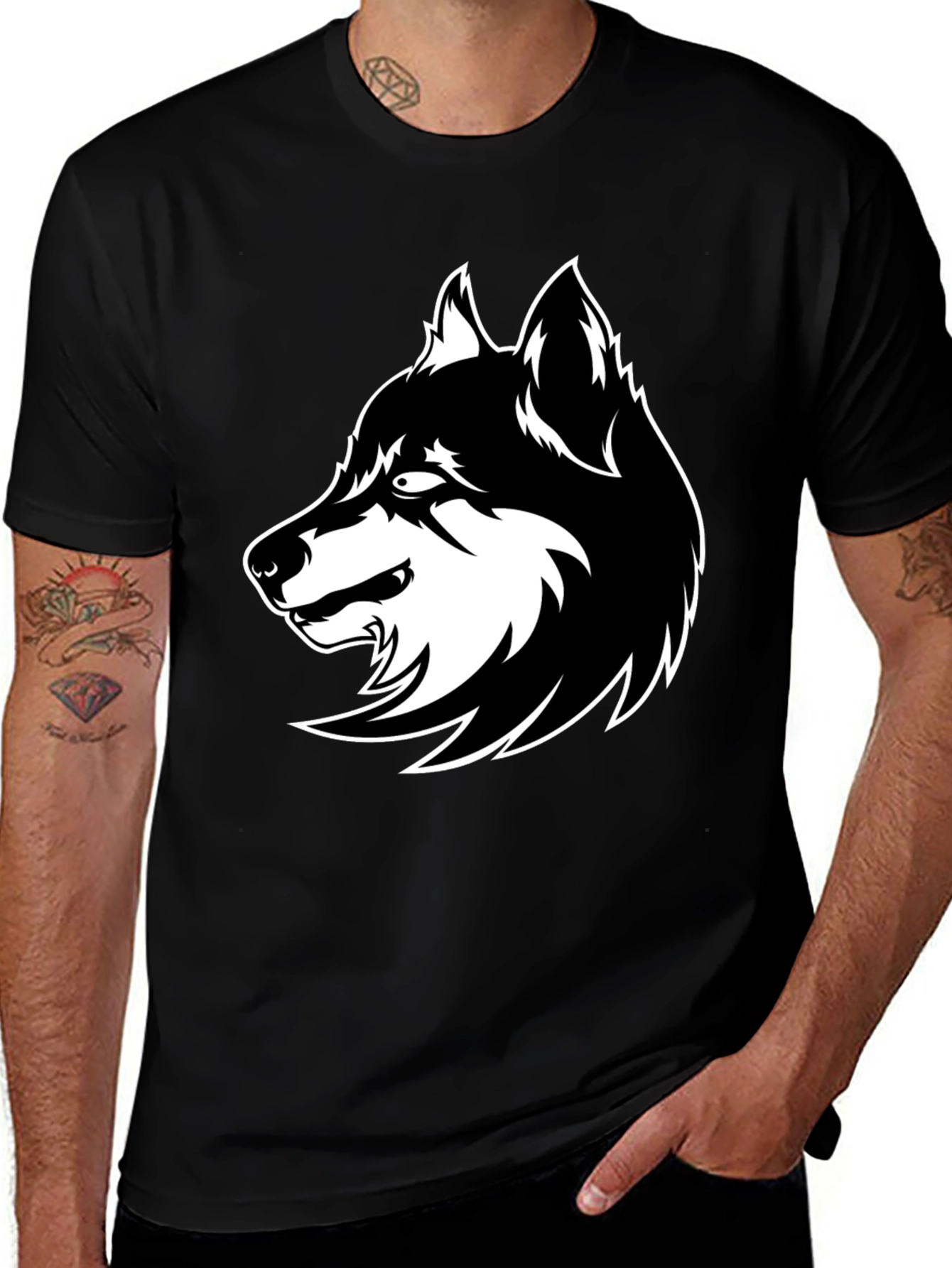 Variant 14 of Men's Black Wolf Graphic Tee - Stylish & Bold Design