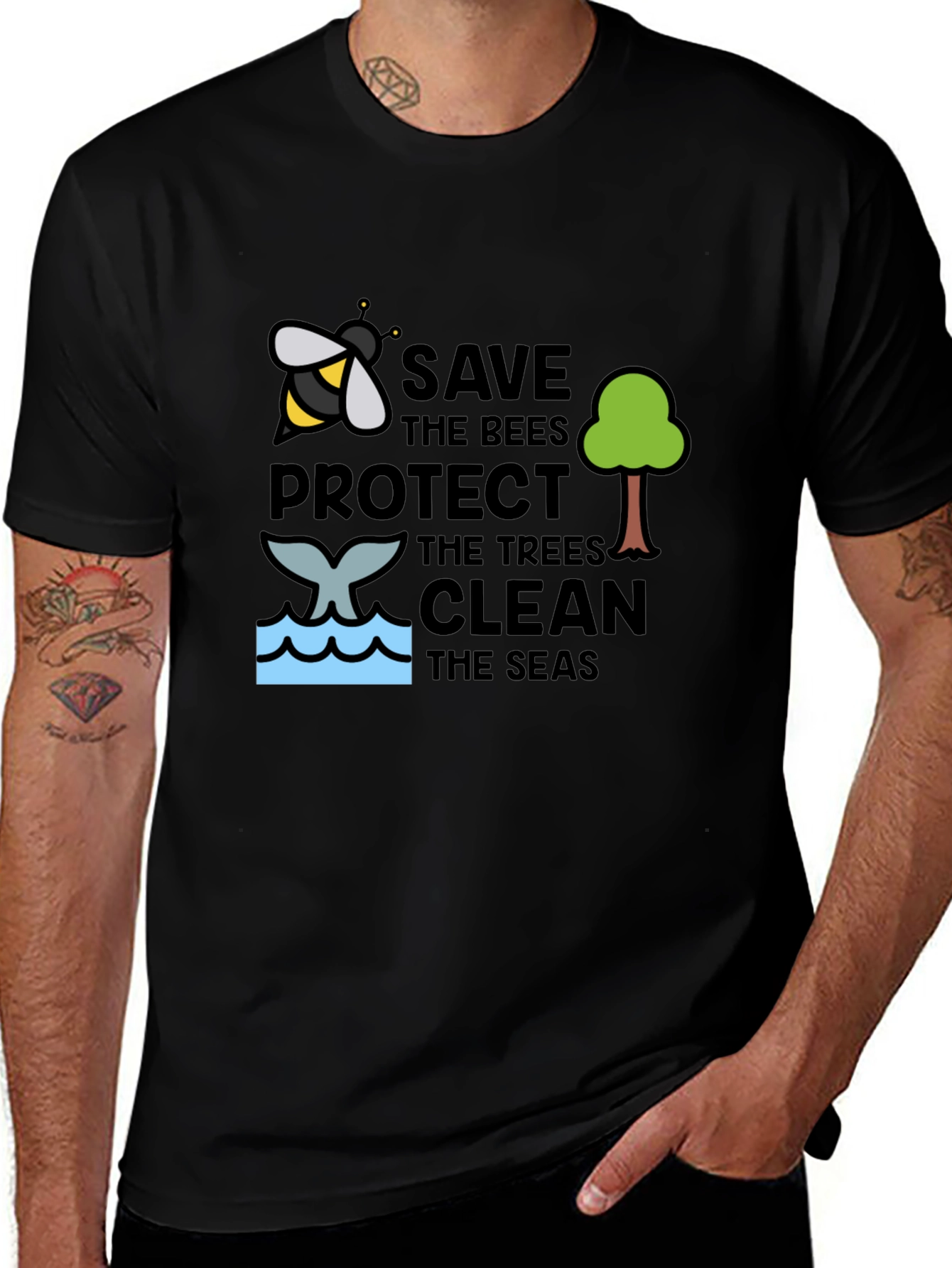 Variant 25 of Eco-Friendly Black Graphic T-Shirt - Save the Bees, Trees, Seas