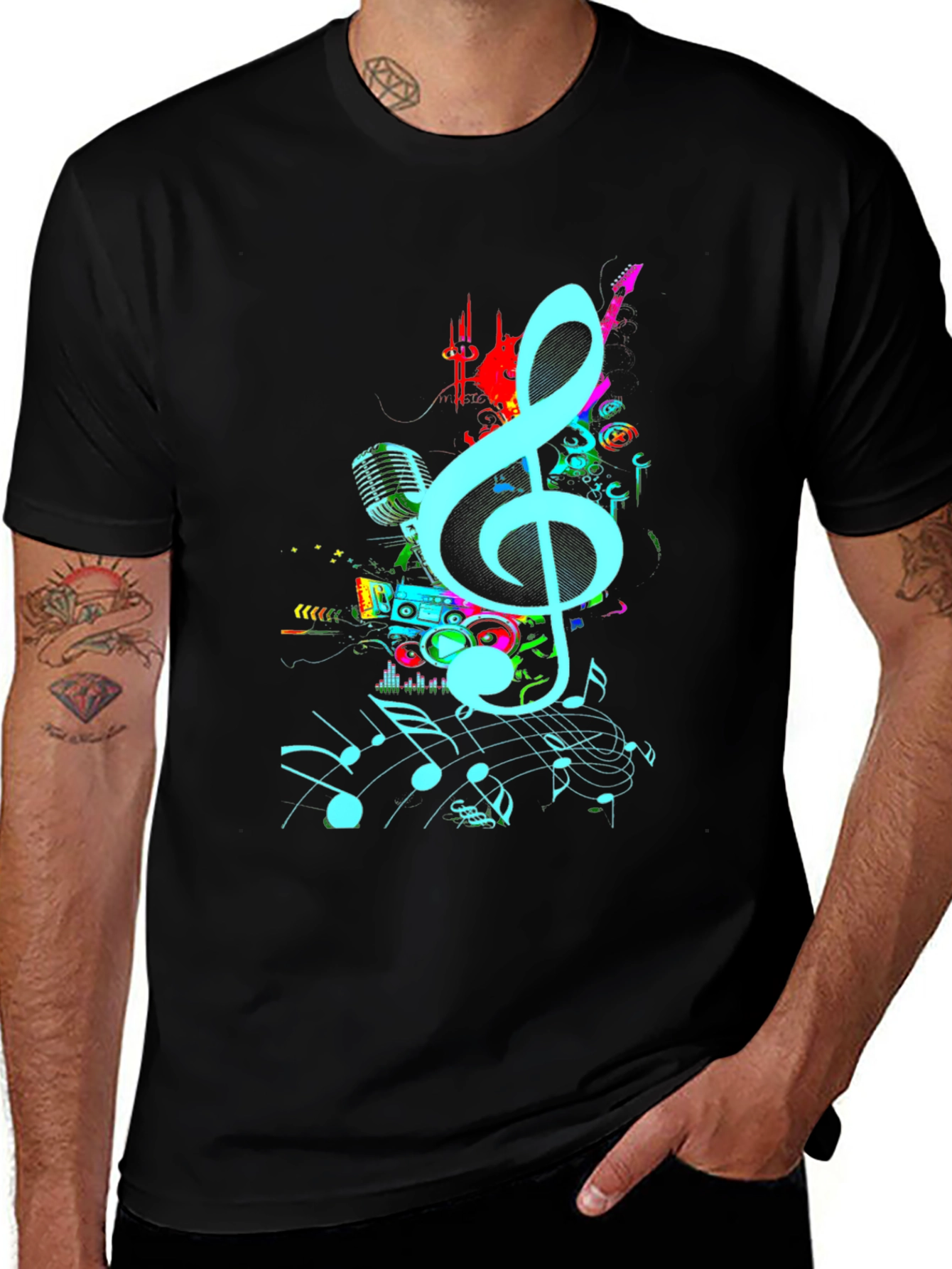 Variant 11 of Musical Notes Graphic Print Black T-Shirt