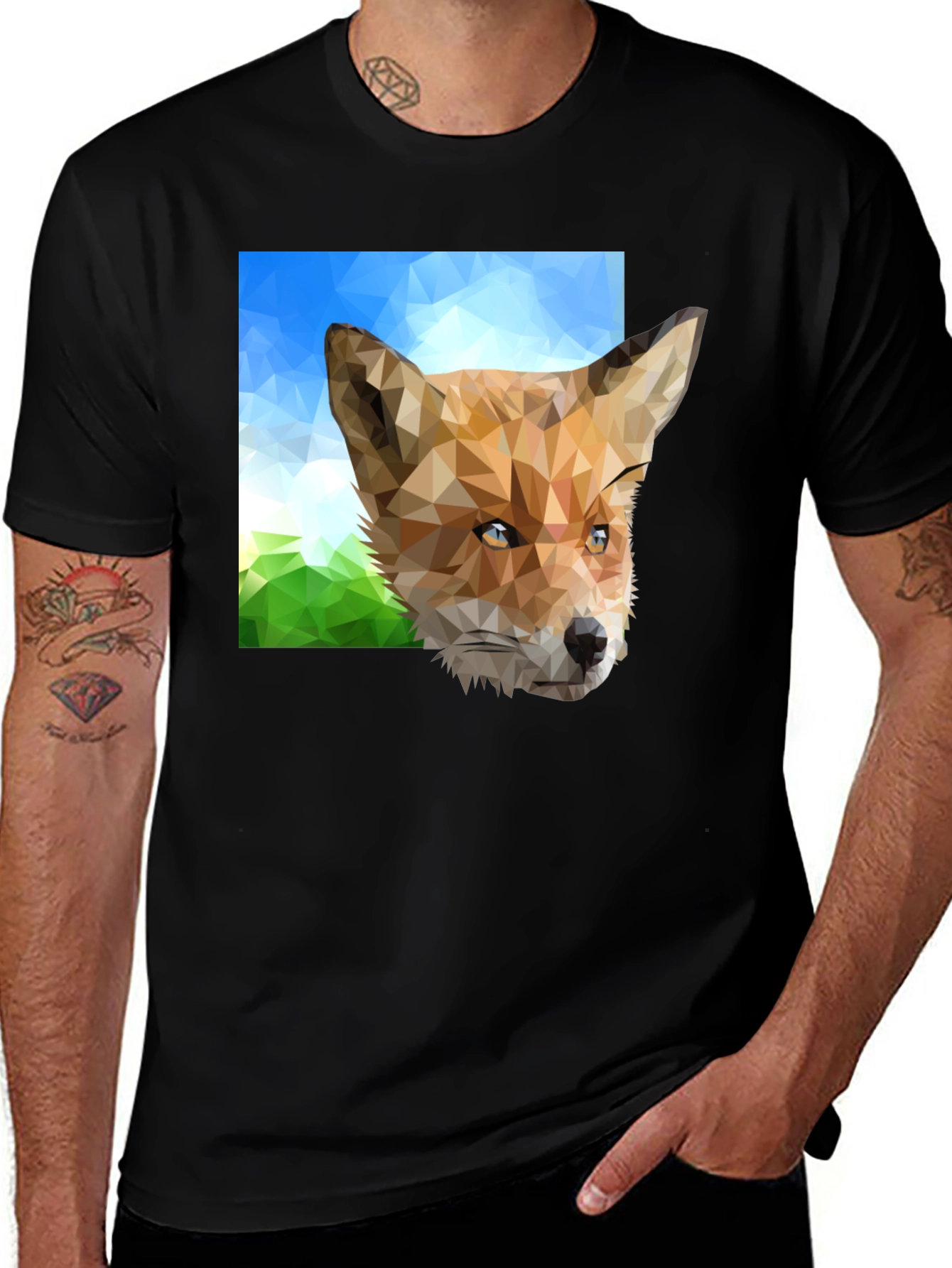 Geometric Fox Head Print Black T-Shirt