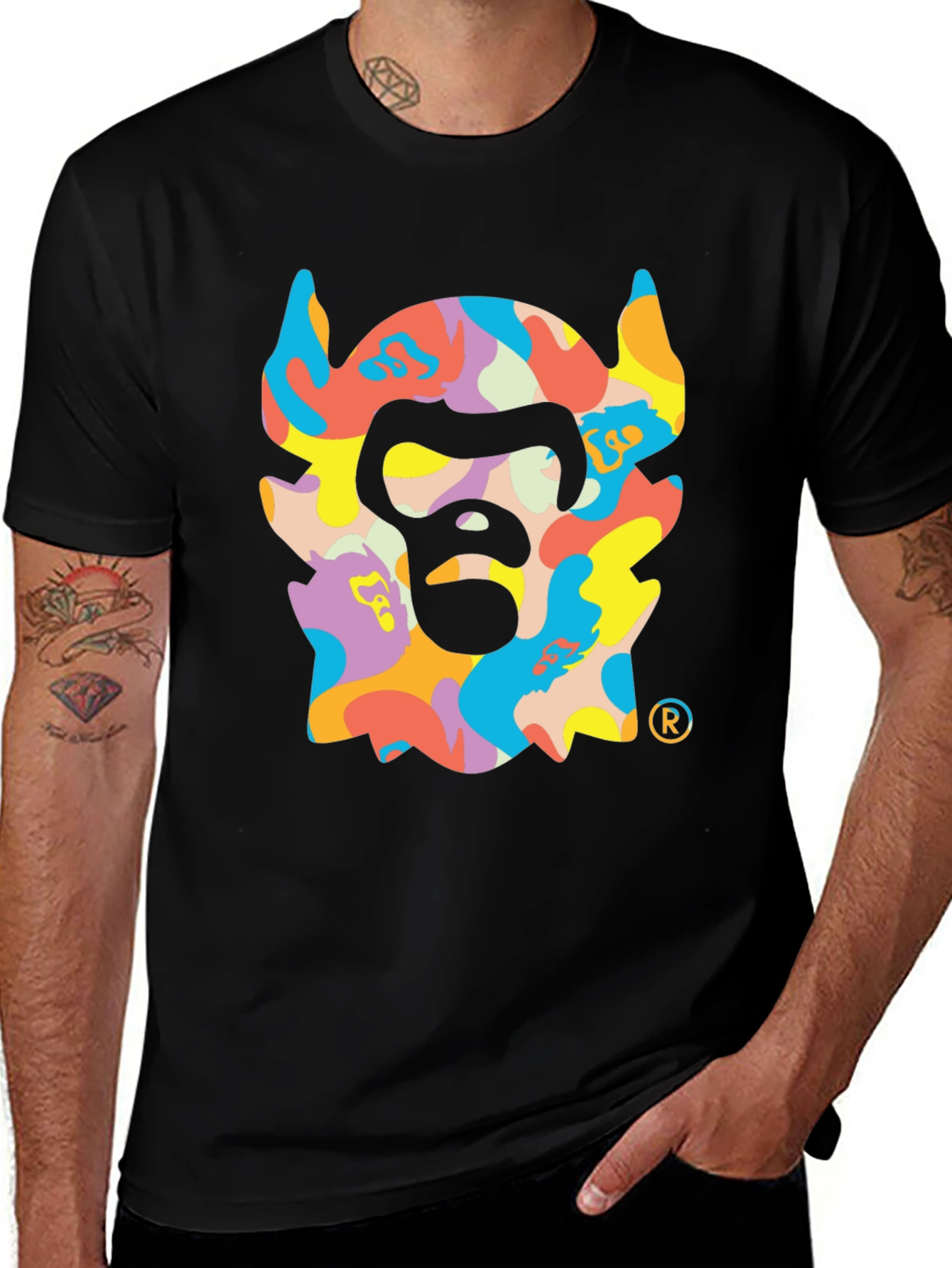 Variant 7 of Colorful Ape Head Graphic Black T-Shirt