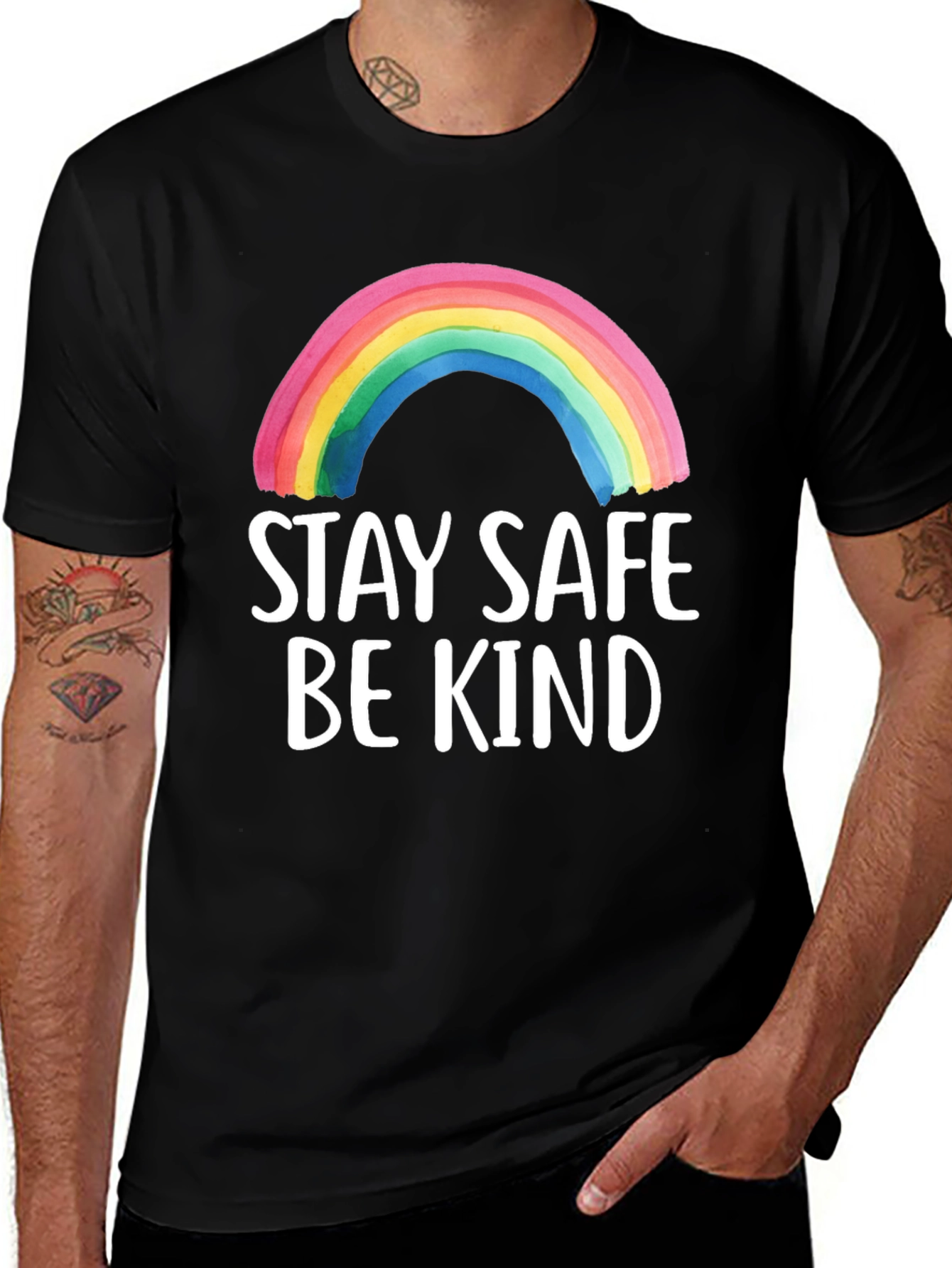Variant 2 of Stay Safe Be Kind Rainbow Graphic Tee