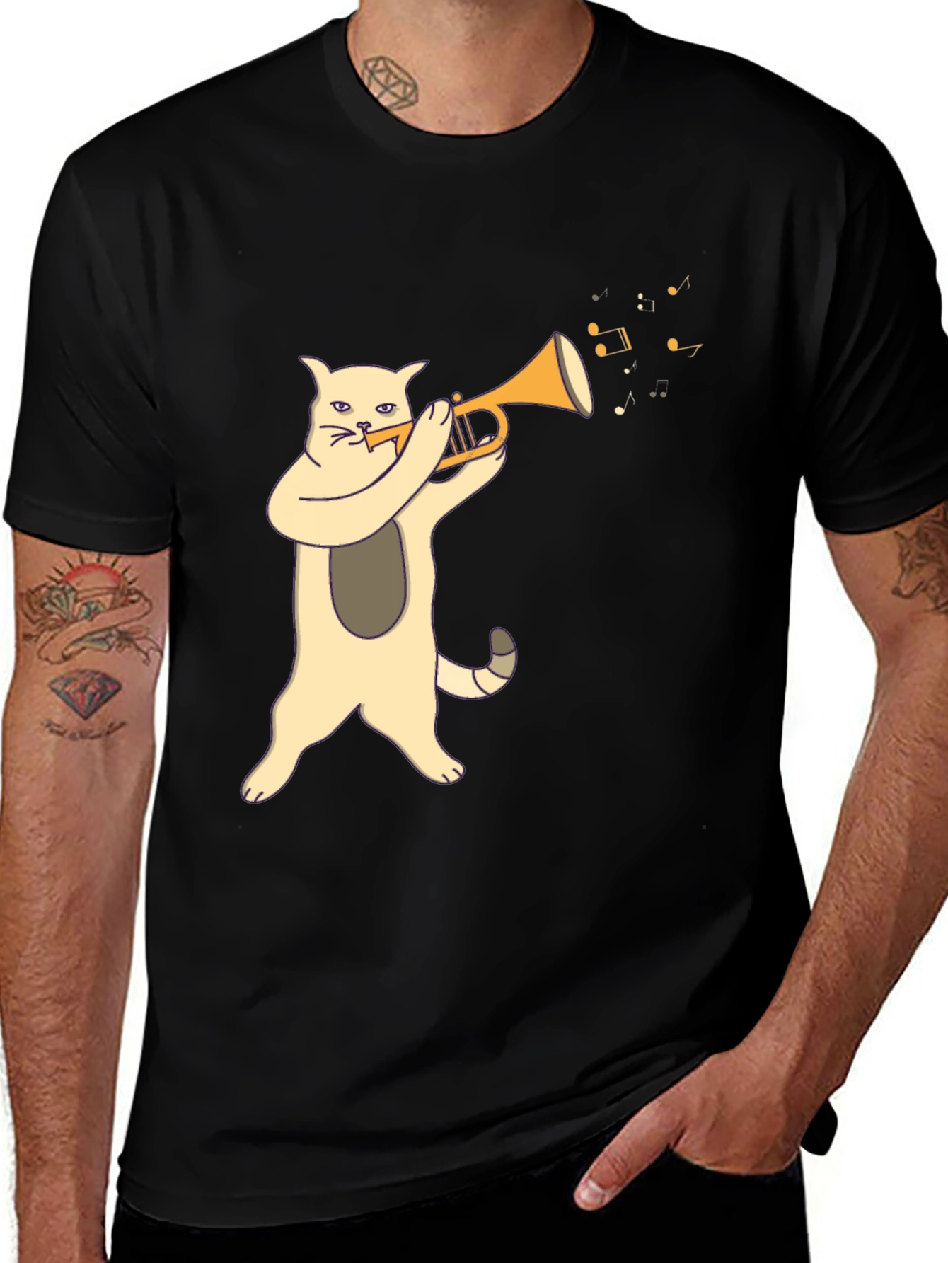 Variant 7 of Cat Playing Trumpet Graphic Tee - Black