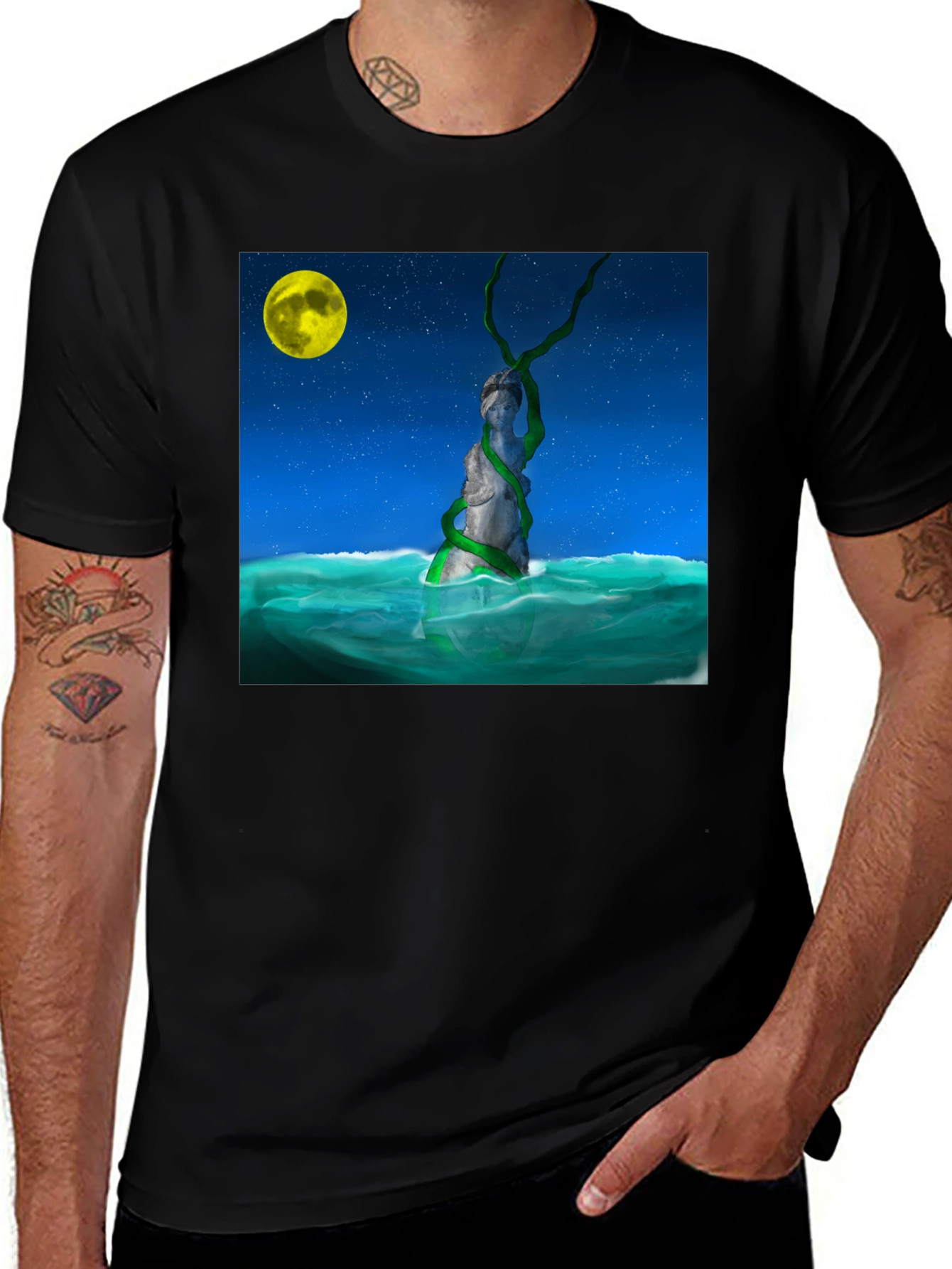 Moonlit Statue Tee - Unique Graphic Design T-Shirt