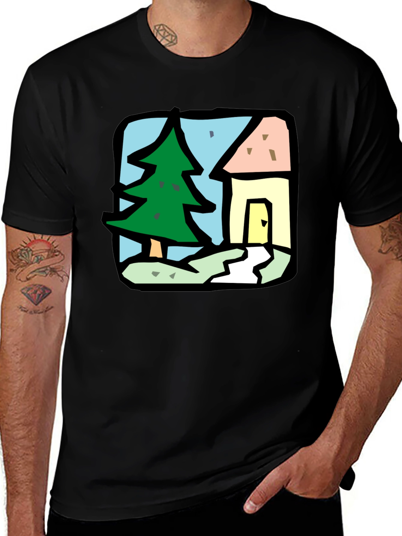 Variant 19 of Cartoon House & Tree Black T-Shirt