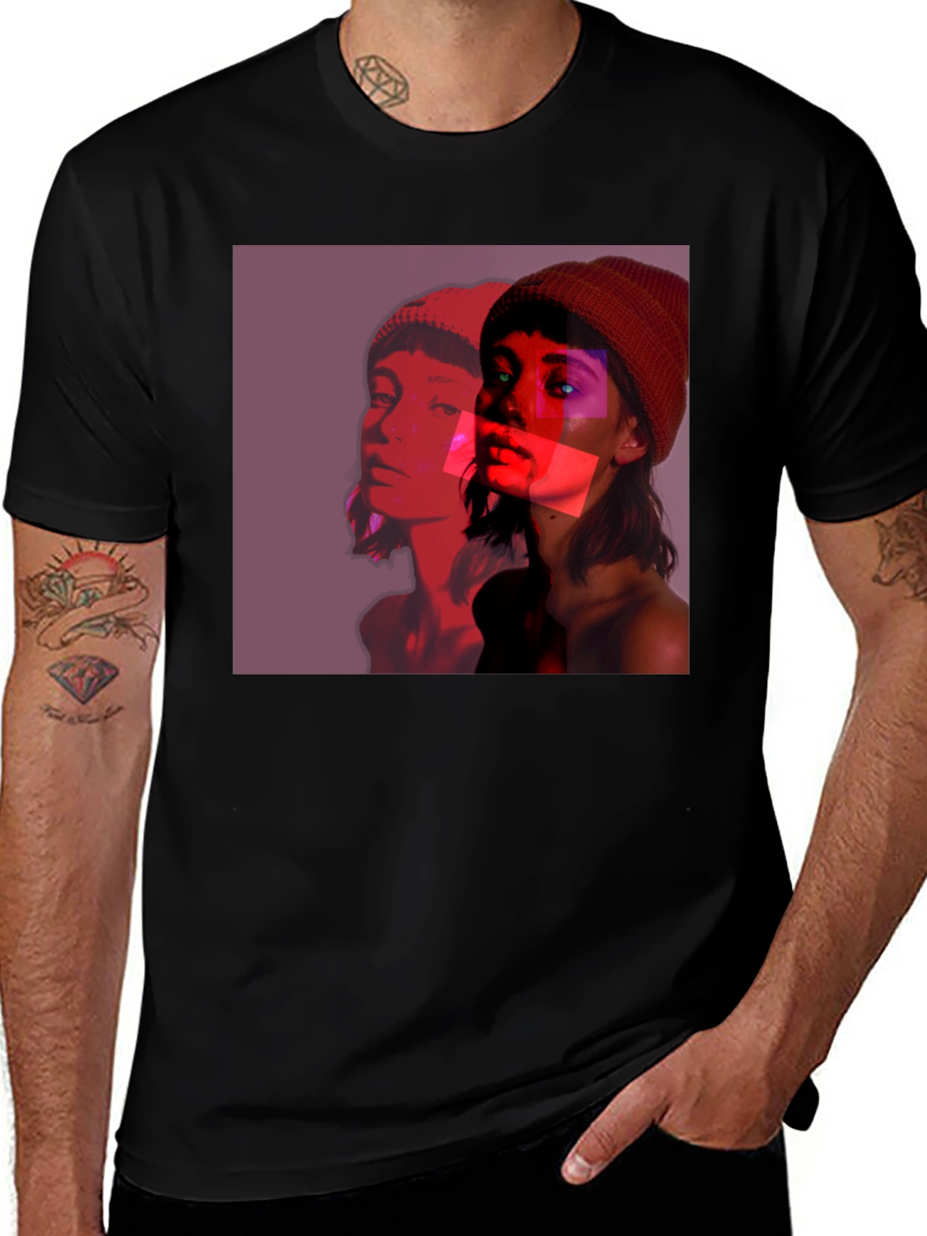 Abstract Portrait Graphic Tee - Black Crew Neck