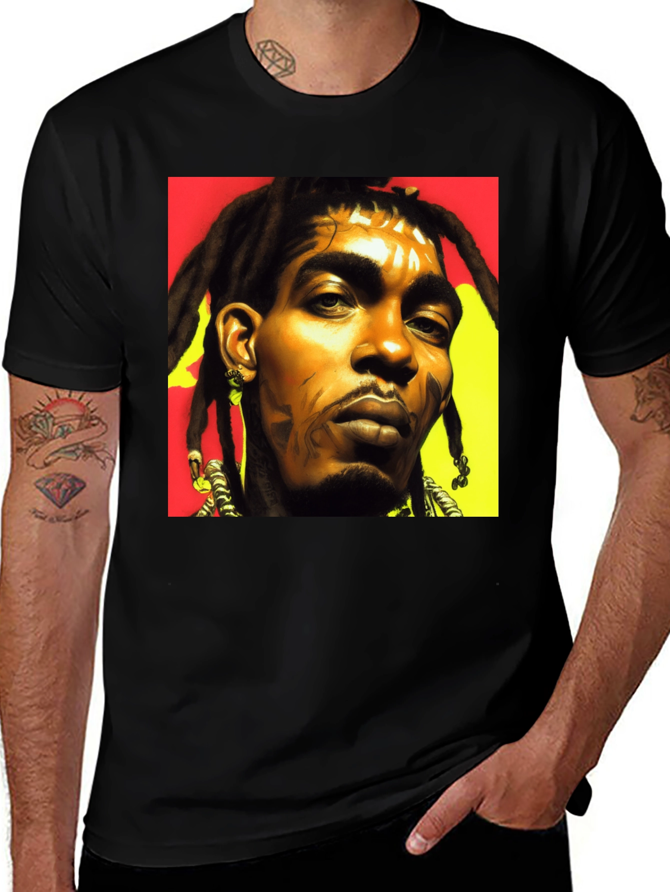 Variant 23 of Unique Art Black T-Shirt - Dreadlocks Man Portrait
