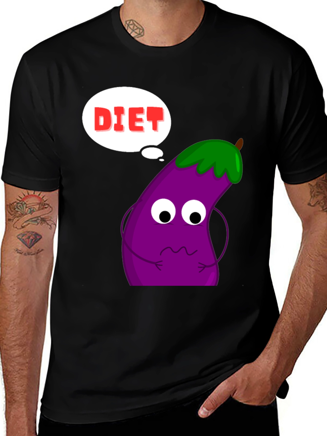 Variant 13 of Diet Eggplant Humor Tee - Black Cotton Graphic T-Shirt