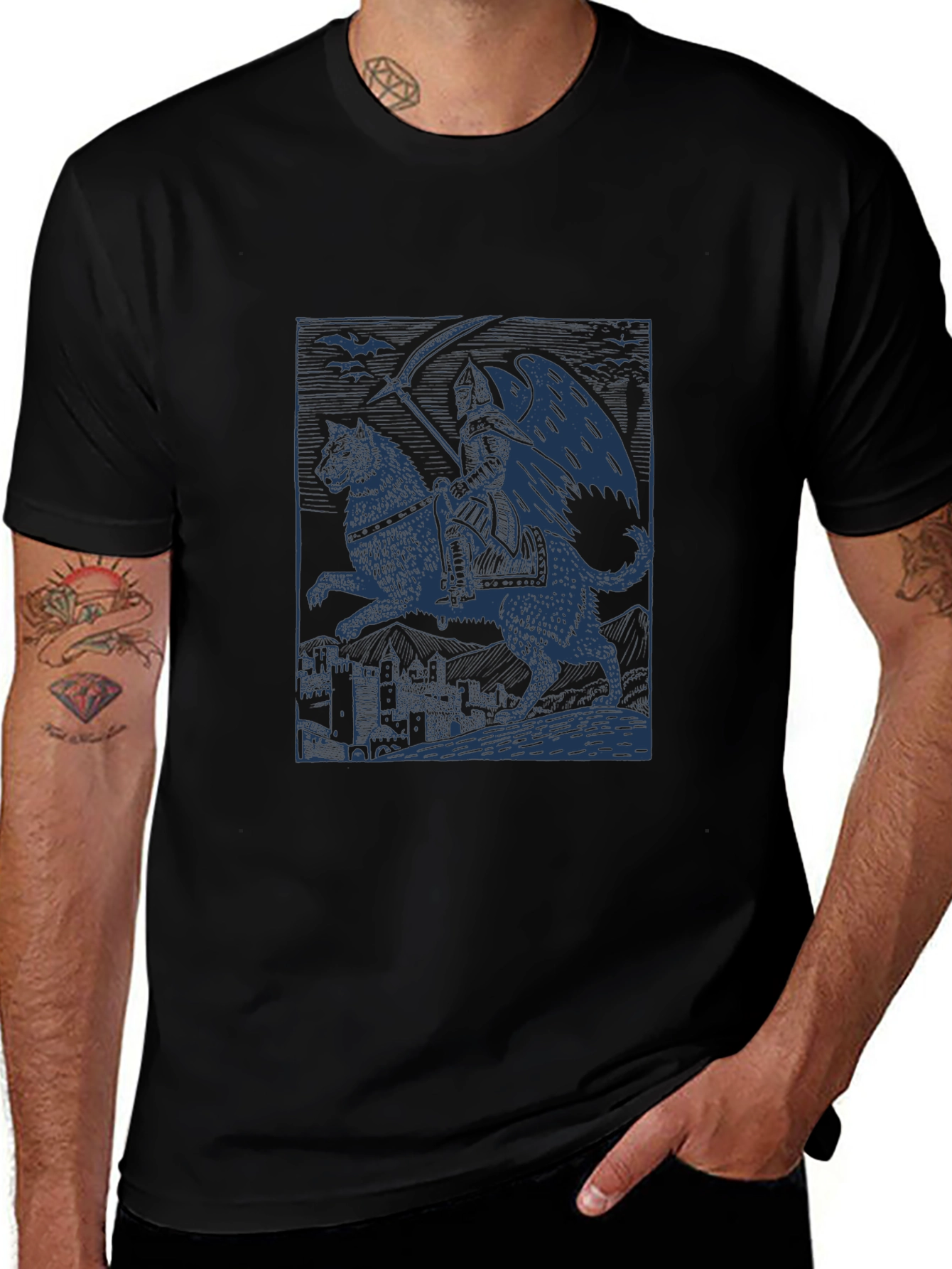 Grim Reaper Wolf Rider Graphic Tee - Black Cotton