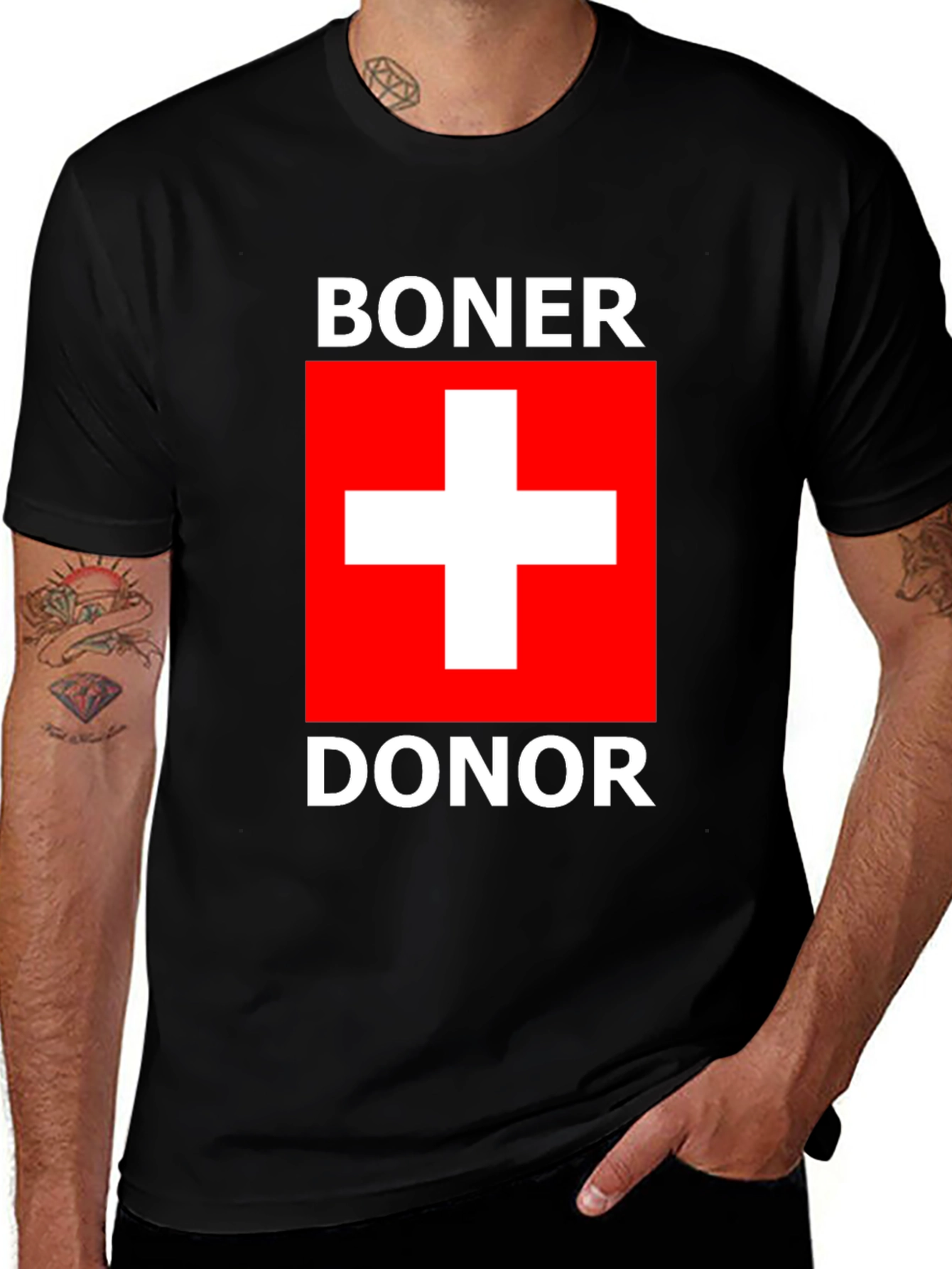 Variant 24 of Boner Donor T-Shirt with Swiss Flag Design