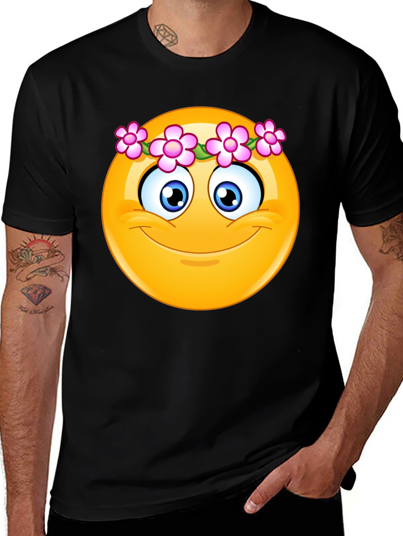 Variant 18 of Smiley Face Flower Crown Graphic Tee - Unisex Black T-Shirt