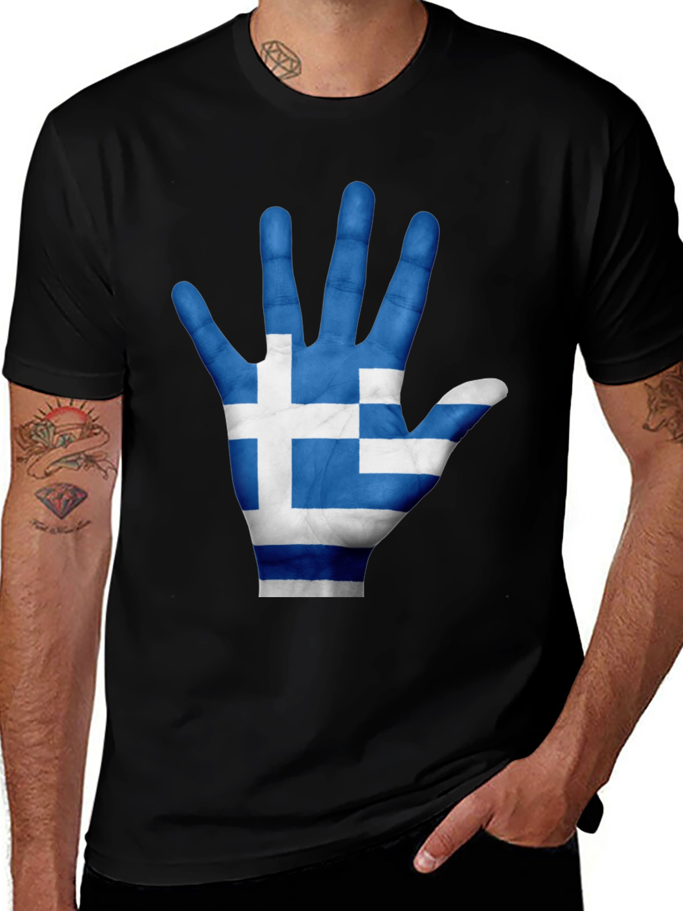 Variant 8 of Greek Flag Hand Print Black T-Shirt