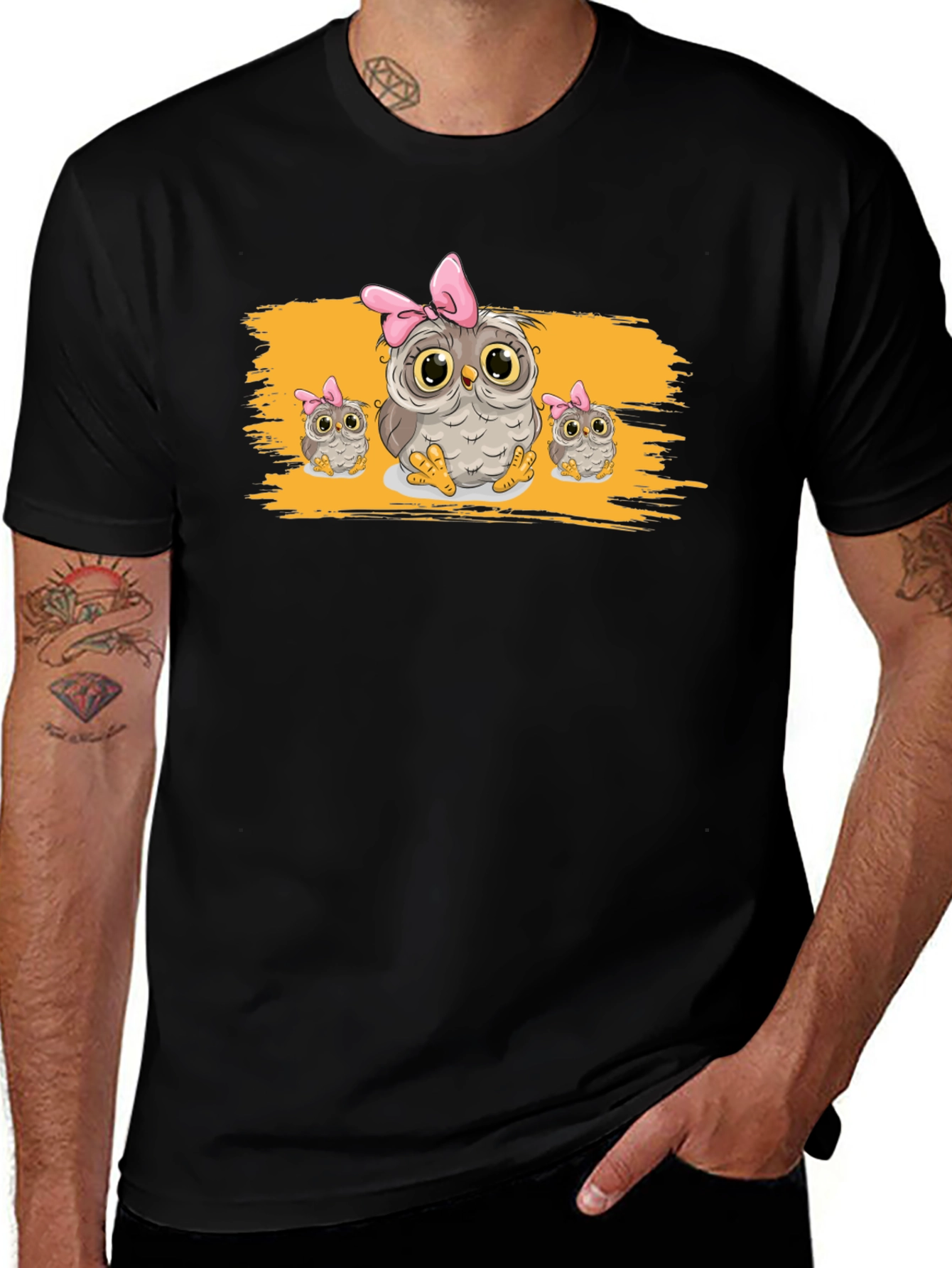 Variant 30 of Cute Owl Family Graphic Tee - Black Cotton Blend