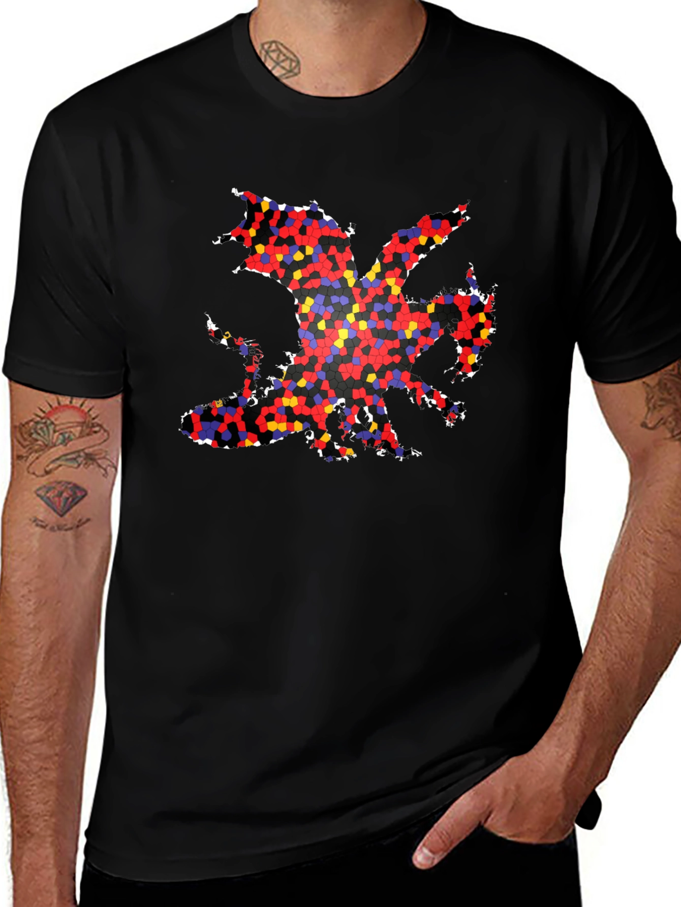 Variant 3 of Mosaic Dragon Graphic Tee - Black Cotton Casual Shirt