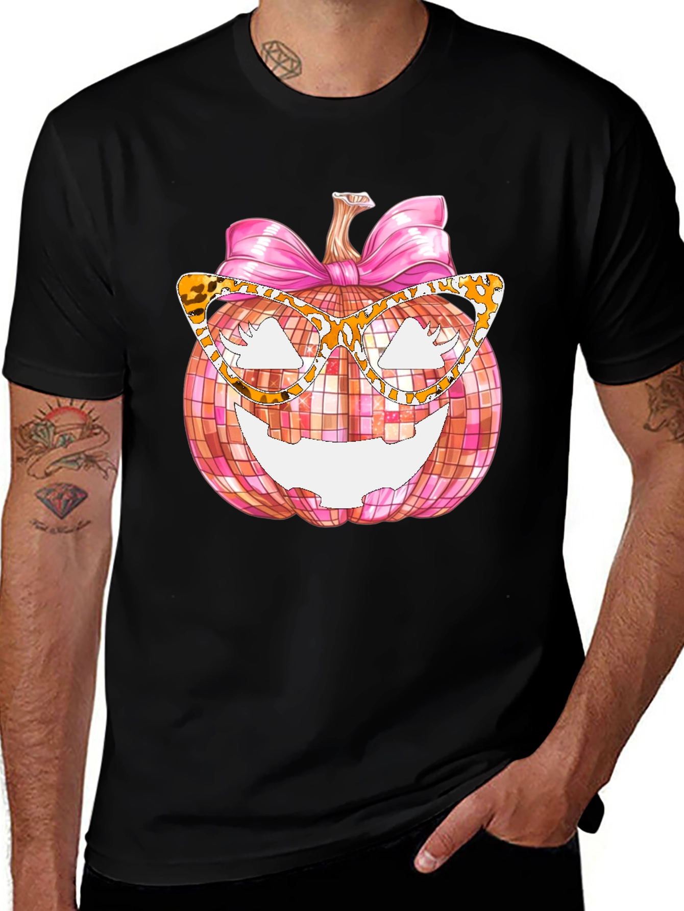 Pumpkin with Bow and Leopard Glasses Graphic T-Shirt