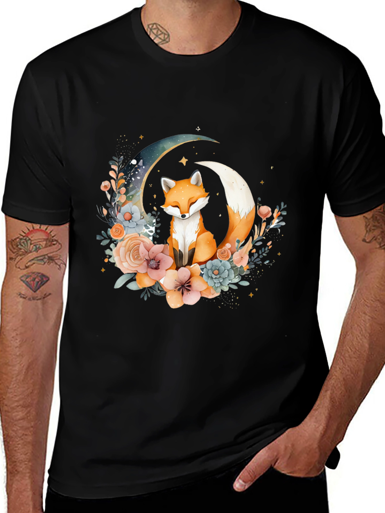 Variant 5 of Whimsical Fox & Moon Floral Graphic Tee - Soft Comfort