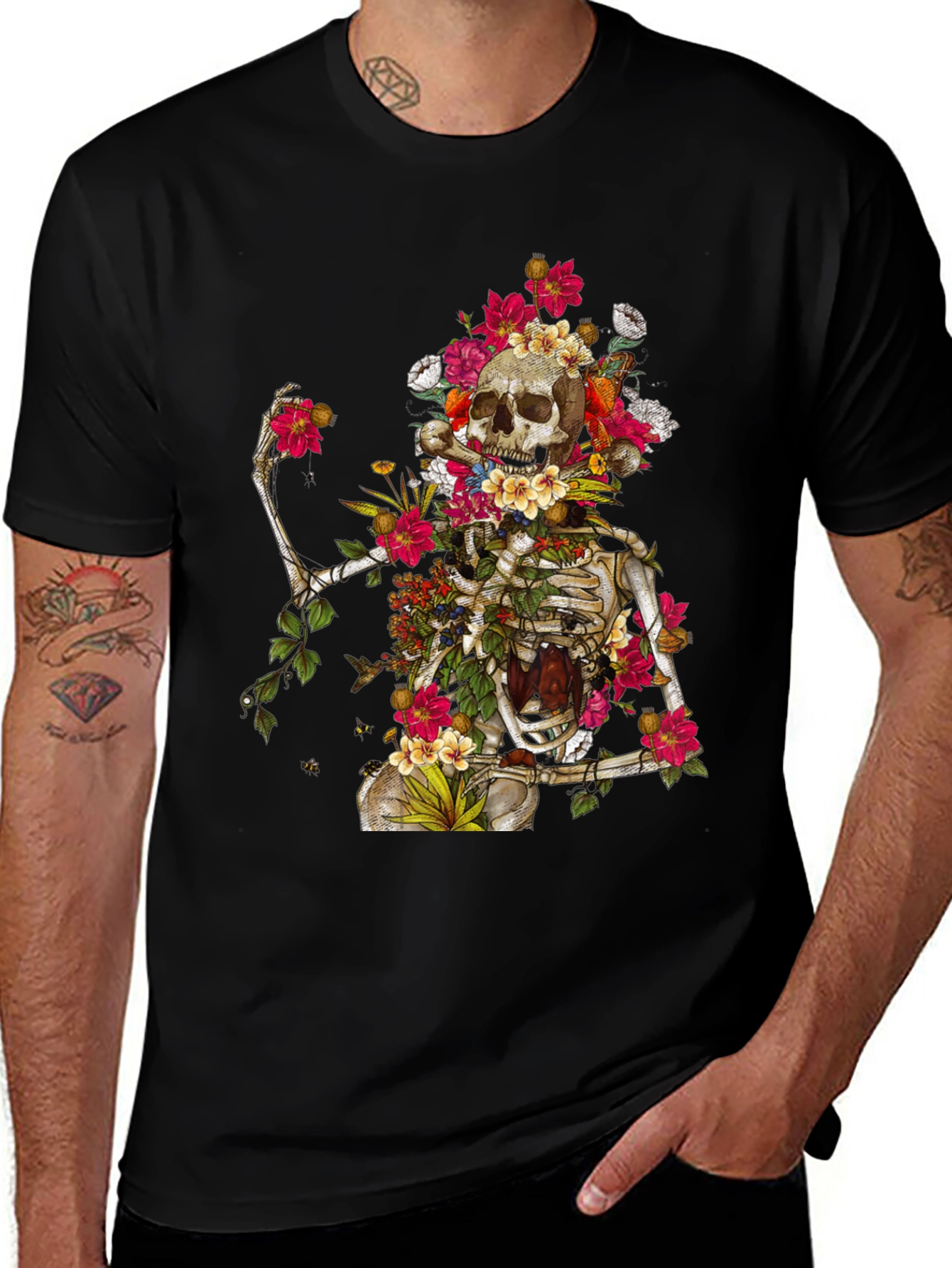 Variant 6 of Floral Skeleton Graphic Tee - Black