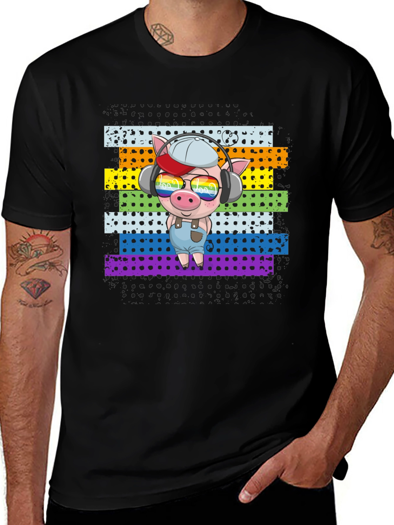 Pig DJ Rainbow T-Shirt - Black