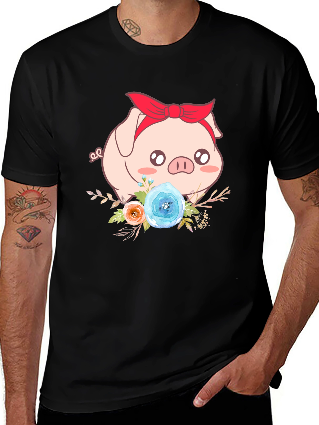 Variant 10 of Cute Pig Floral Black T-Shirt