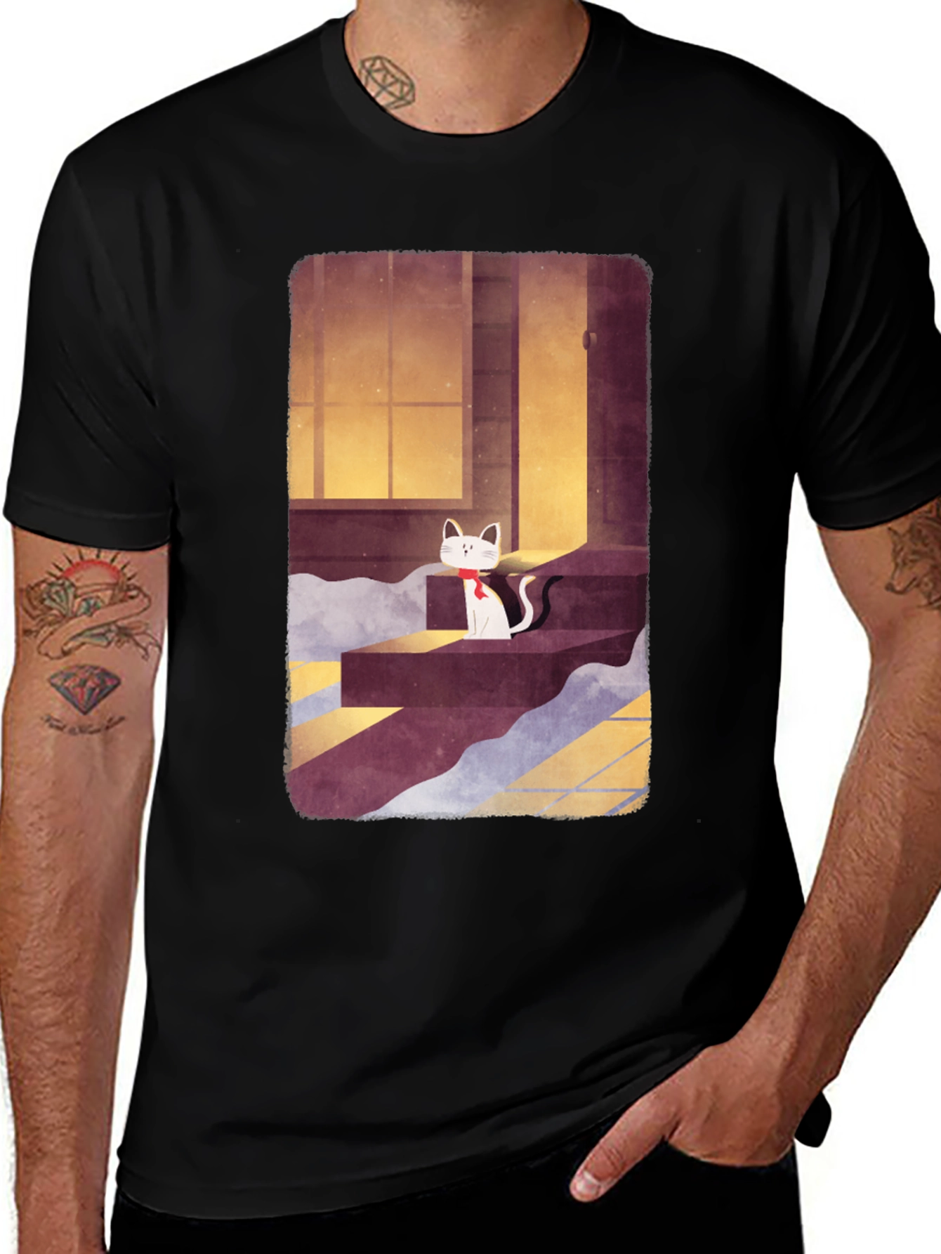 Variant 8 of Cat on Steps Graphic Tee - Unisex Black T-Shirt