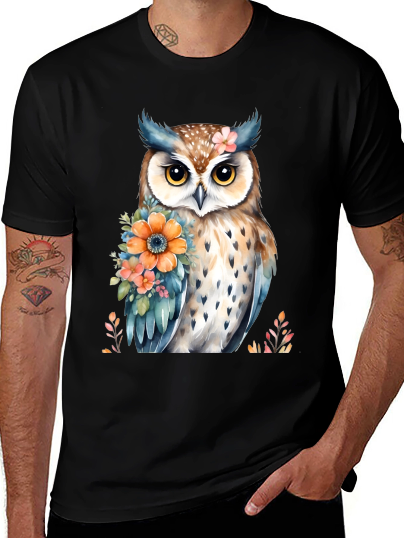 Variant 12 of Owl and Floral Print Black T-Shirt