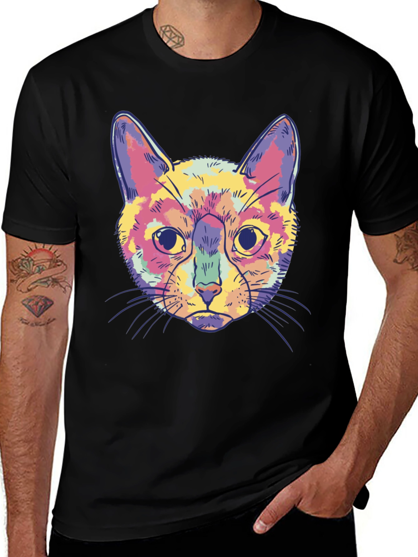 Variant 30 of Colorful Cat Graphic Black T-Shirt