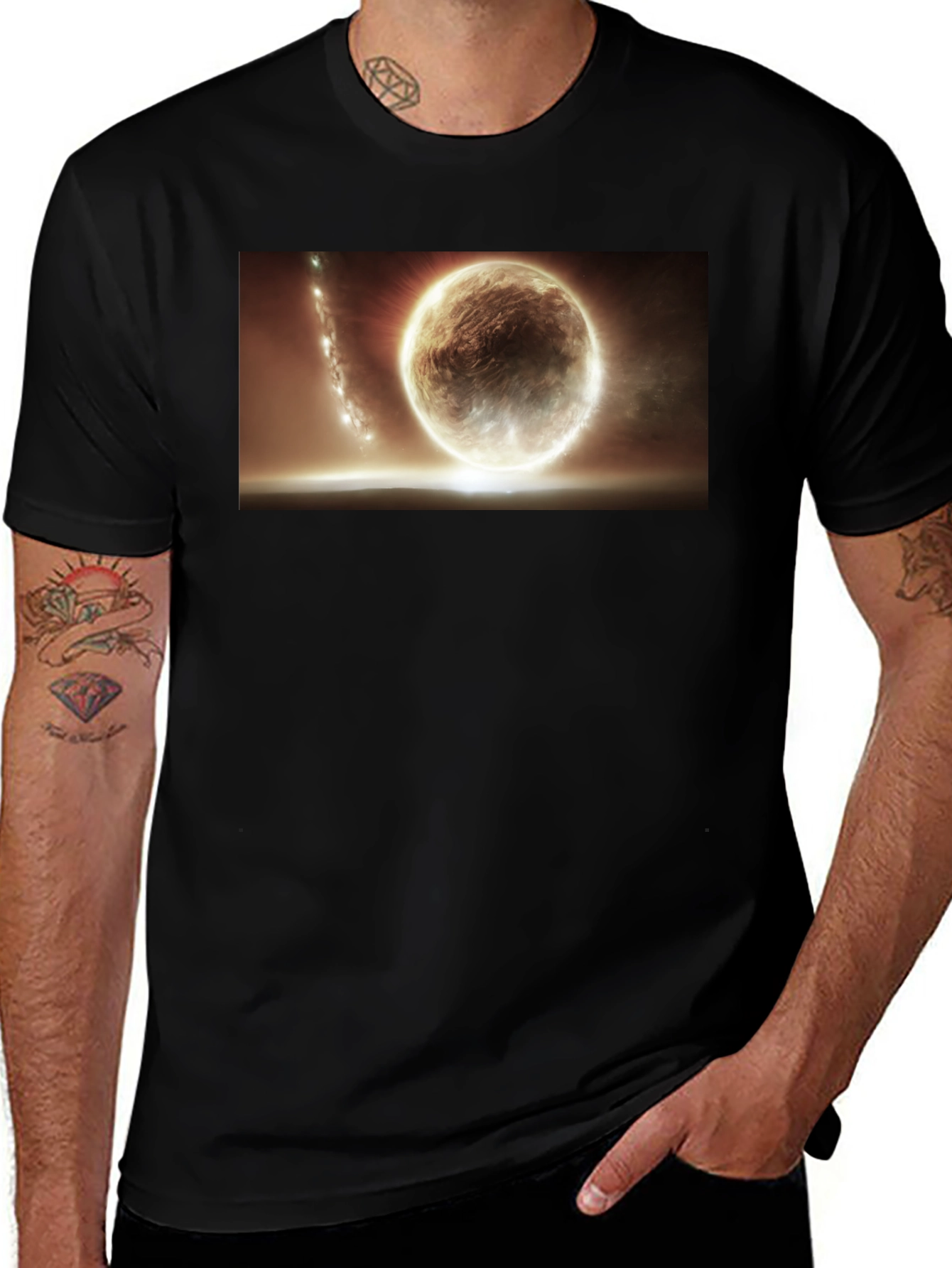 Variant 14 of Black T-Shirt with Planetary Impact Graphic