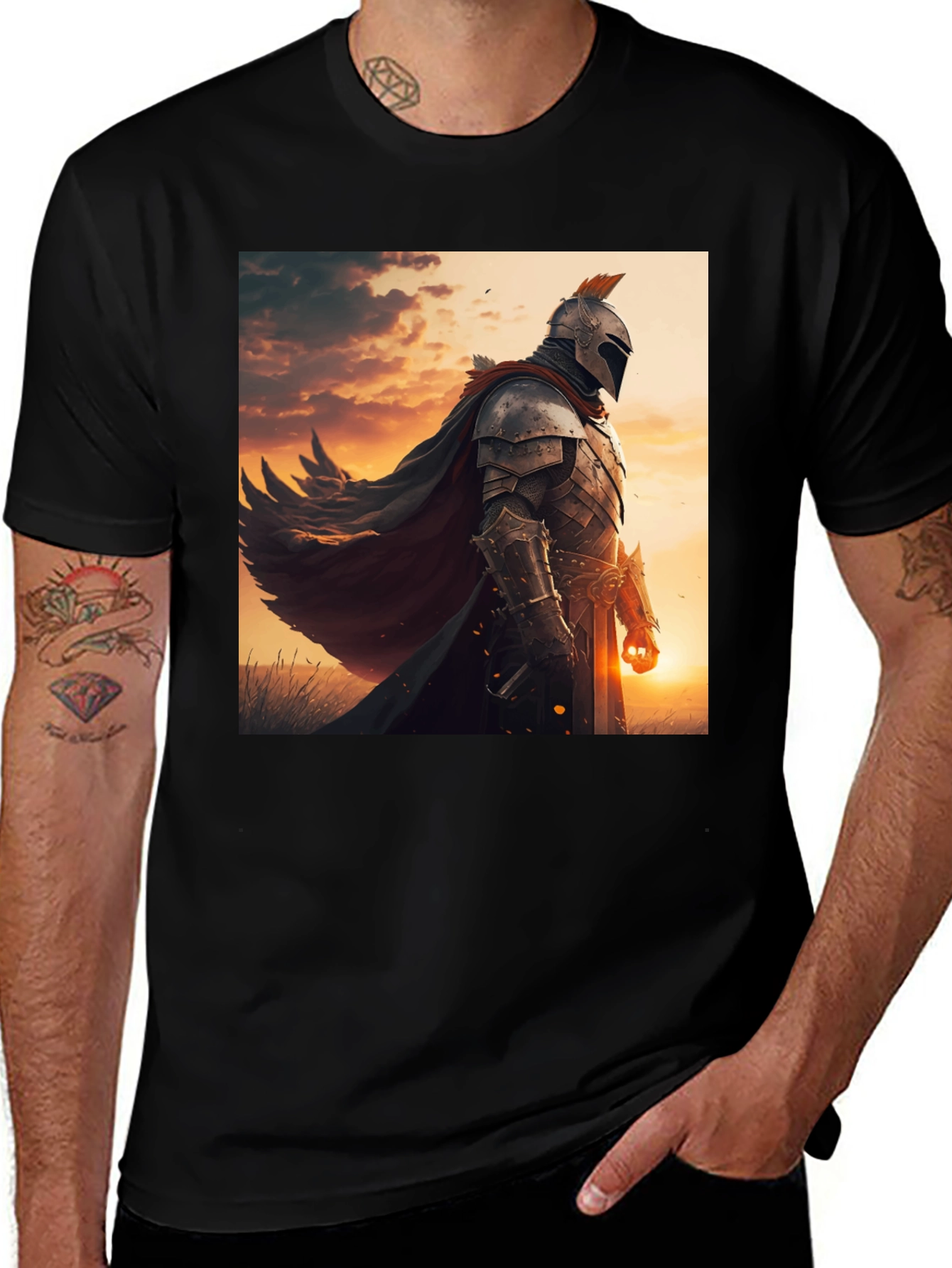 Variant 21 of Medieval Knight Graphic Tee - Black Cotton Blend