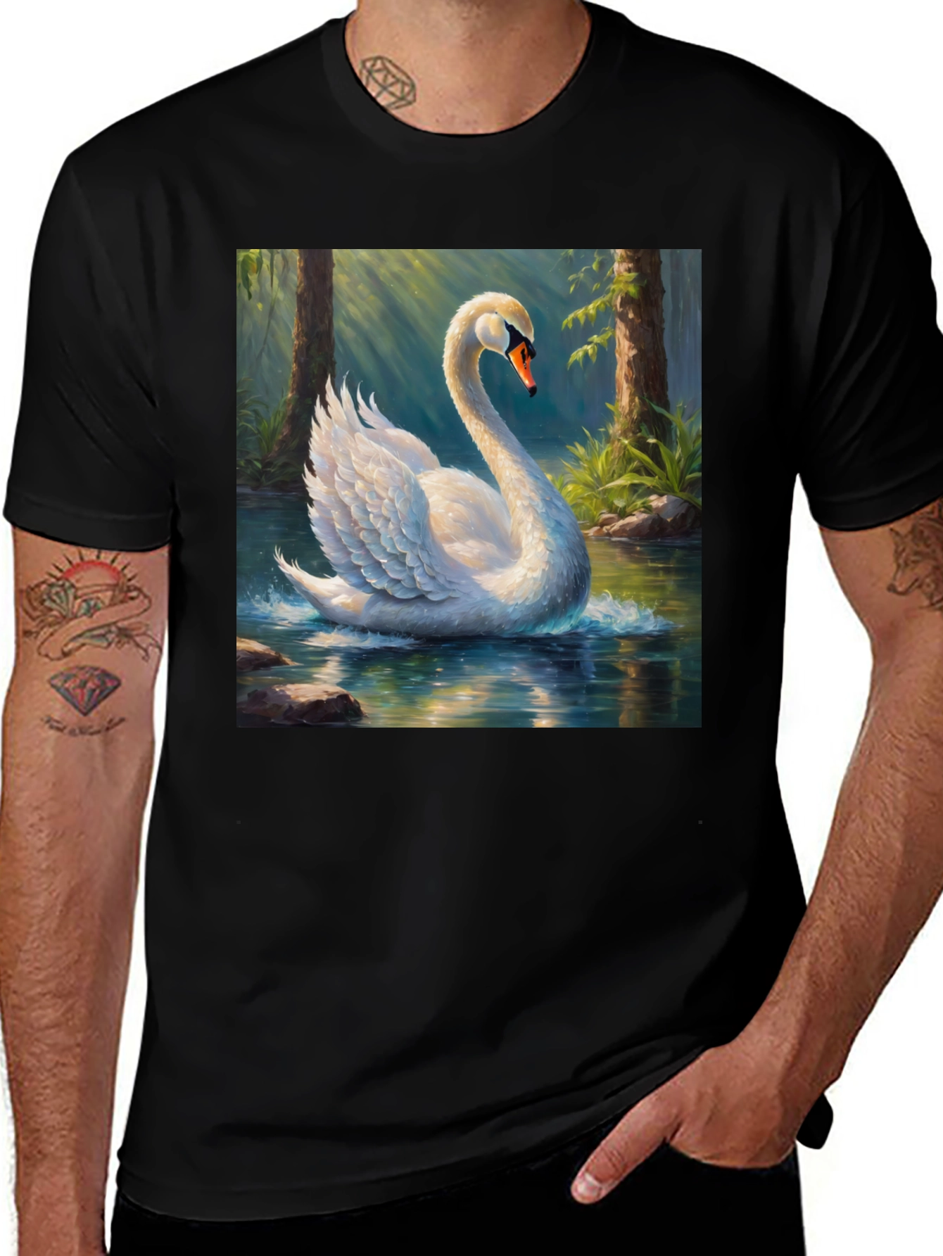 Black Elegant Swan Graphic T-Shirt main image