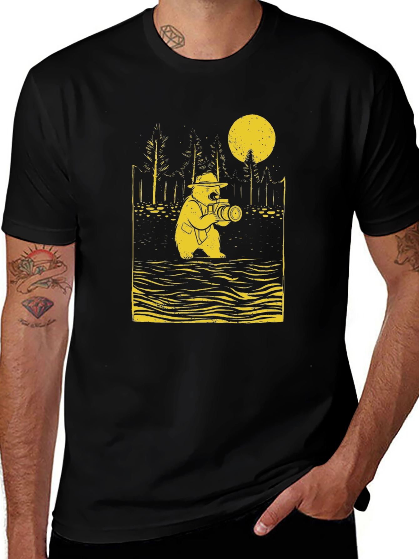 Variant 13 of Bear Photographer Graphic Tee - Black Cotton T-Shirt