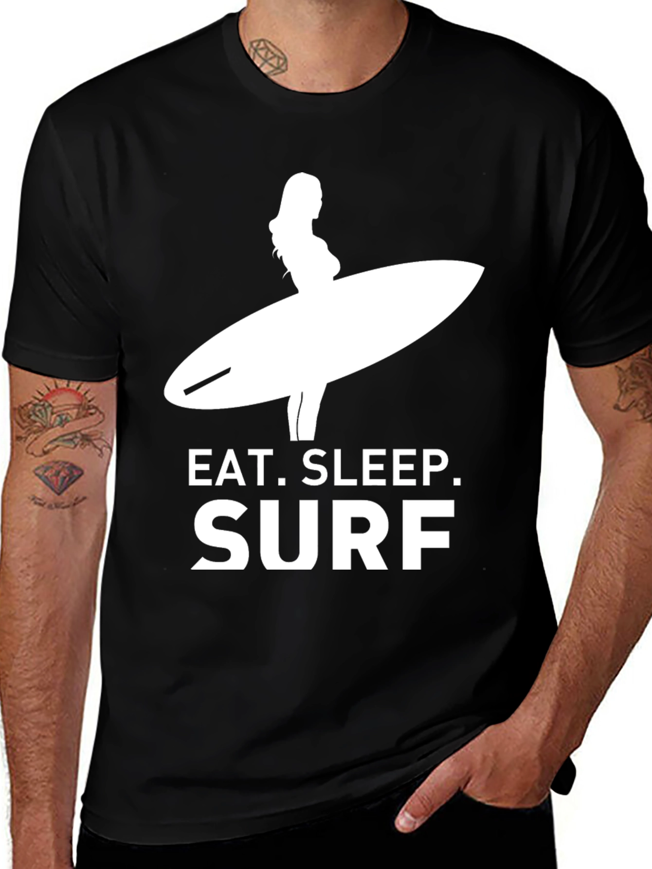 Variant 8 of Eat Sleep Surf Black T-Shirt with Surfer Graphic