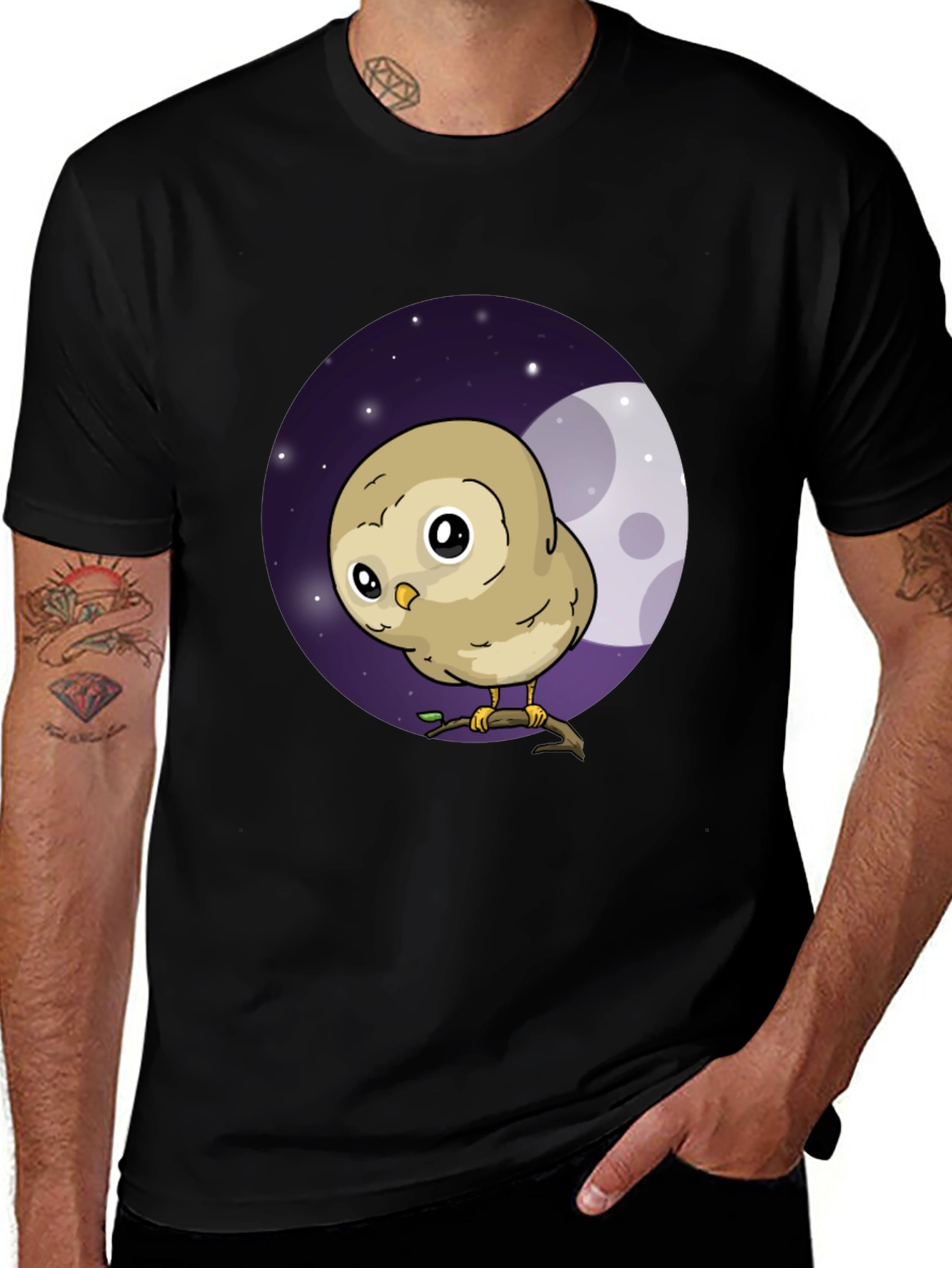 Variant 11 of Cute Owl Moon Graphic Black T-Shirt