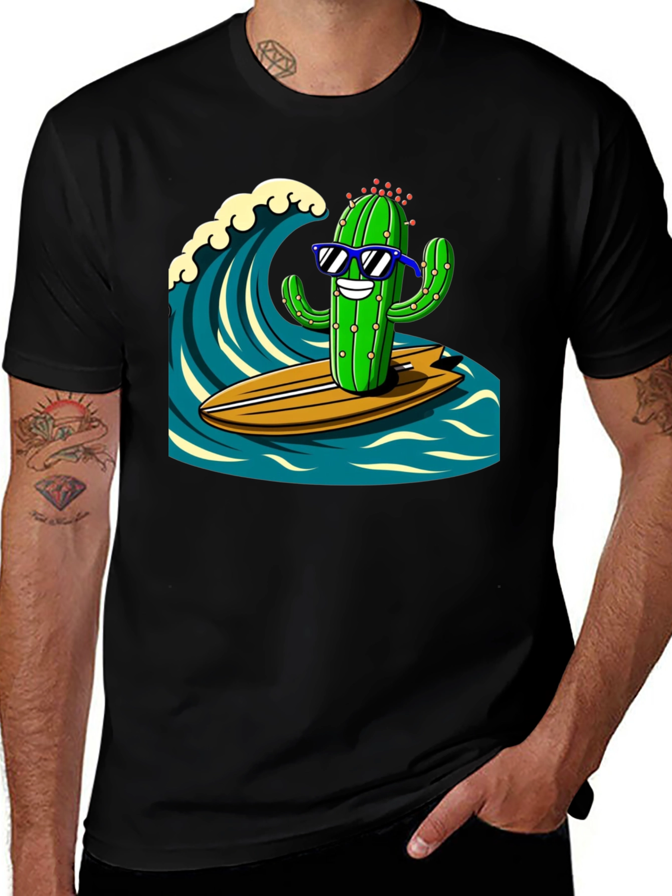 Variant 8 of Surfing Cactus Graphic Tee - Mens Black T-Shirt