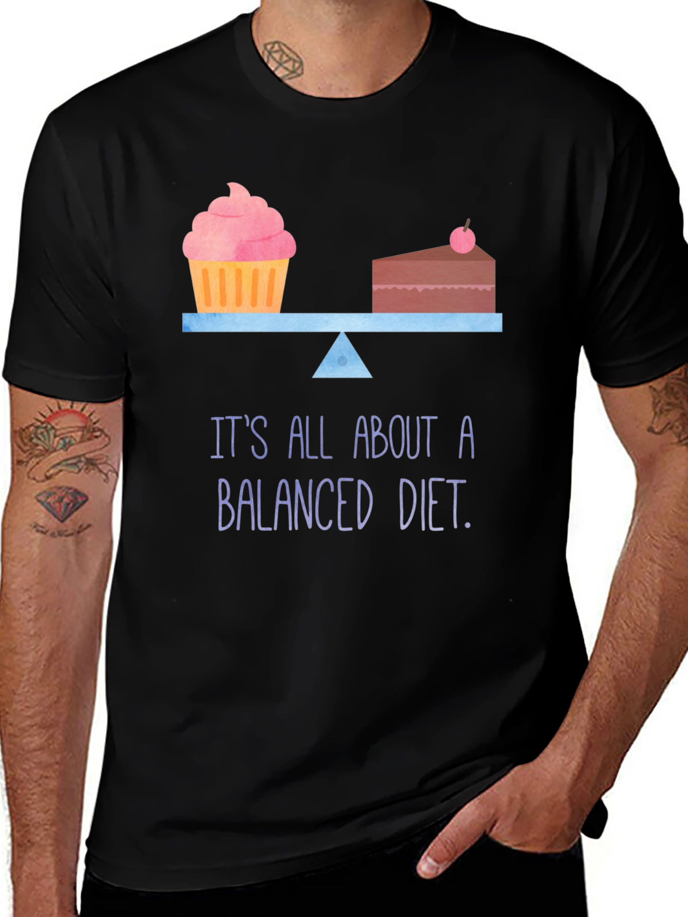 Variant 17 of Balanced Diet T-Shirt: Cupcake & Cake Scale Funny Tee