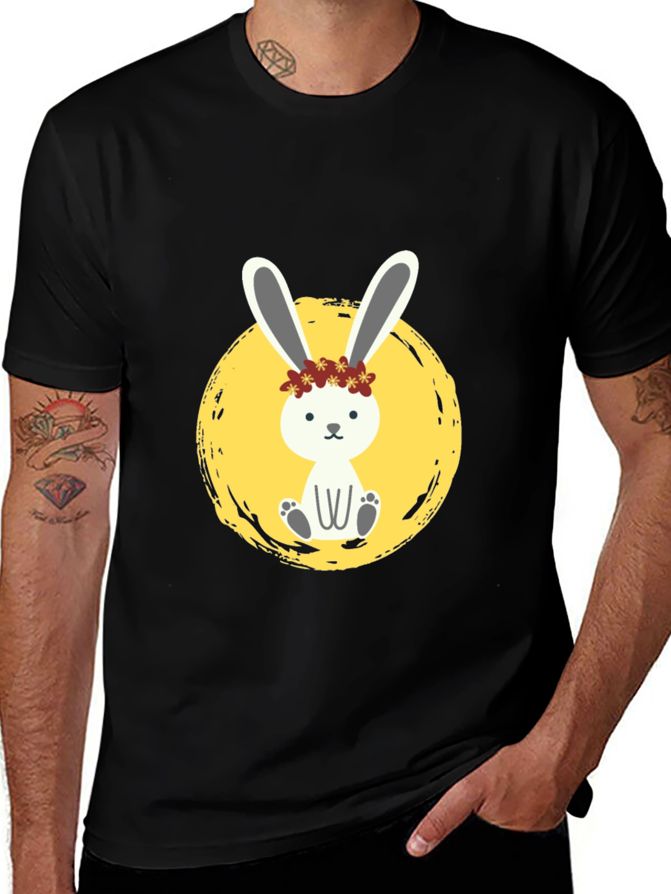 Variant 10 of Cute Bunny Graphic Tee - Black Cotton Shirt