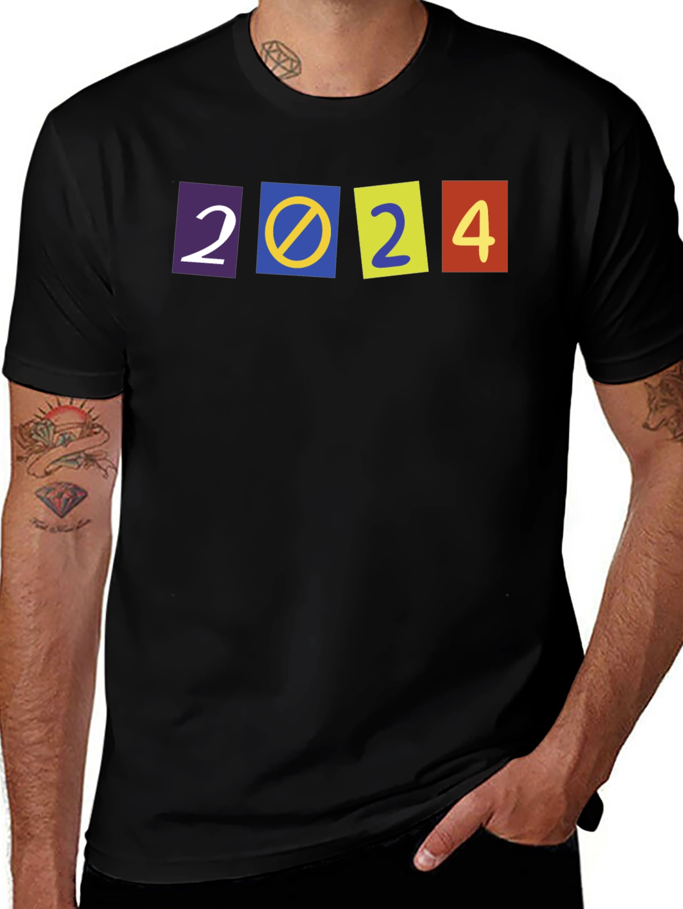 Variant 25 of 2024 Graphic Tee - Colorful Design on Black T-Shirt