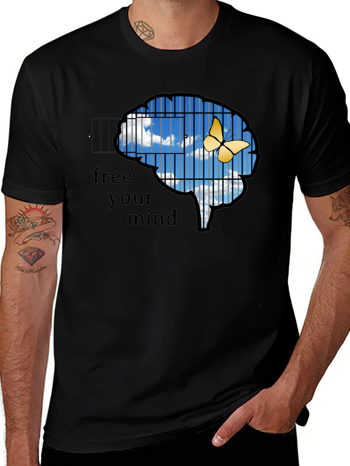 Free Your Mind T-Shirt: Brain Cage & Butterfly Graphic Tee