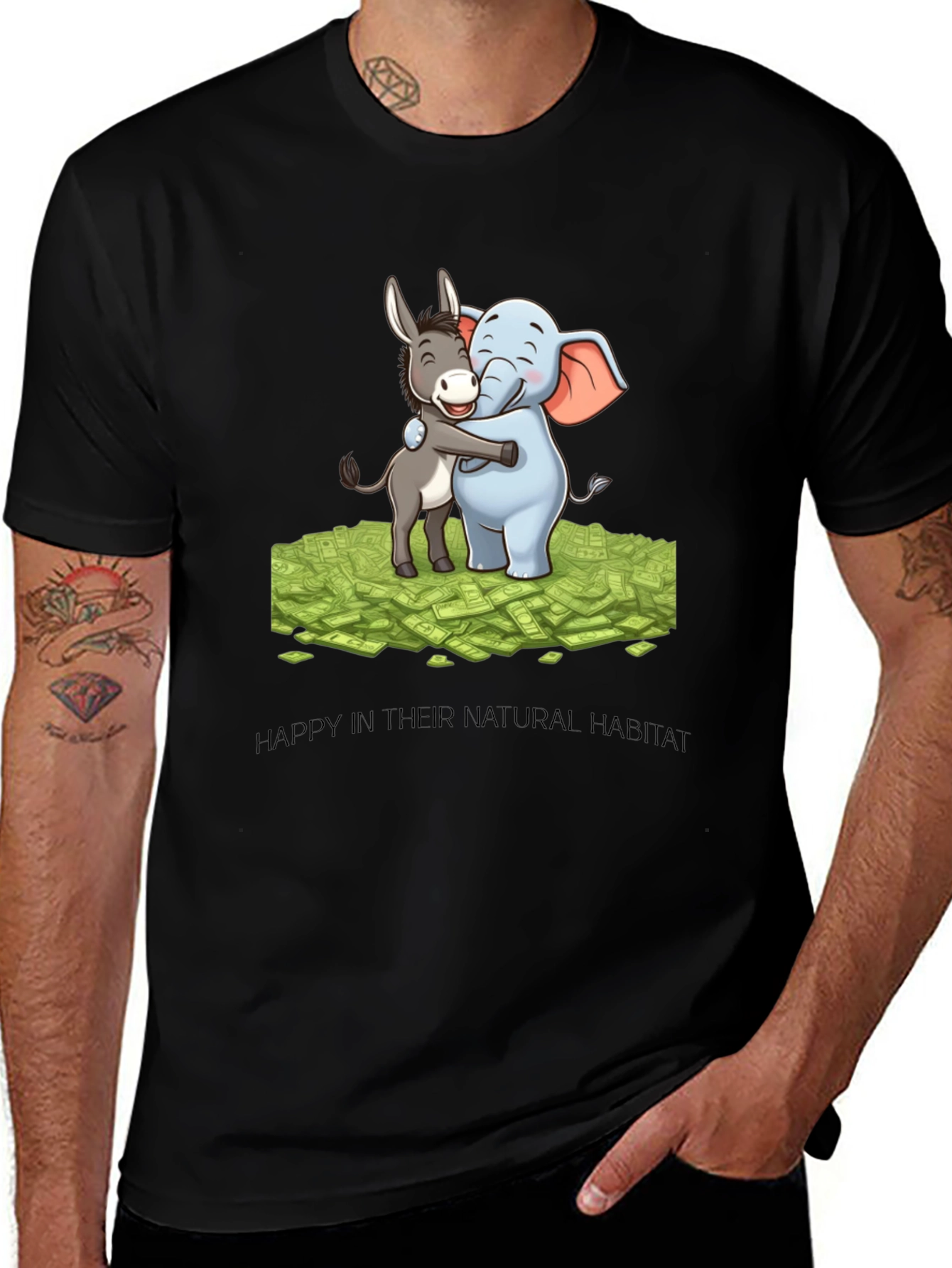 Variant 7 of Political Animals T-Shirt - Donkey and Elephant Hugging on Cash