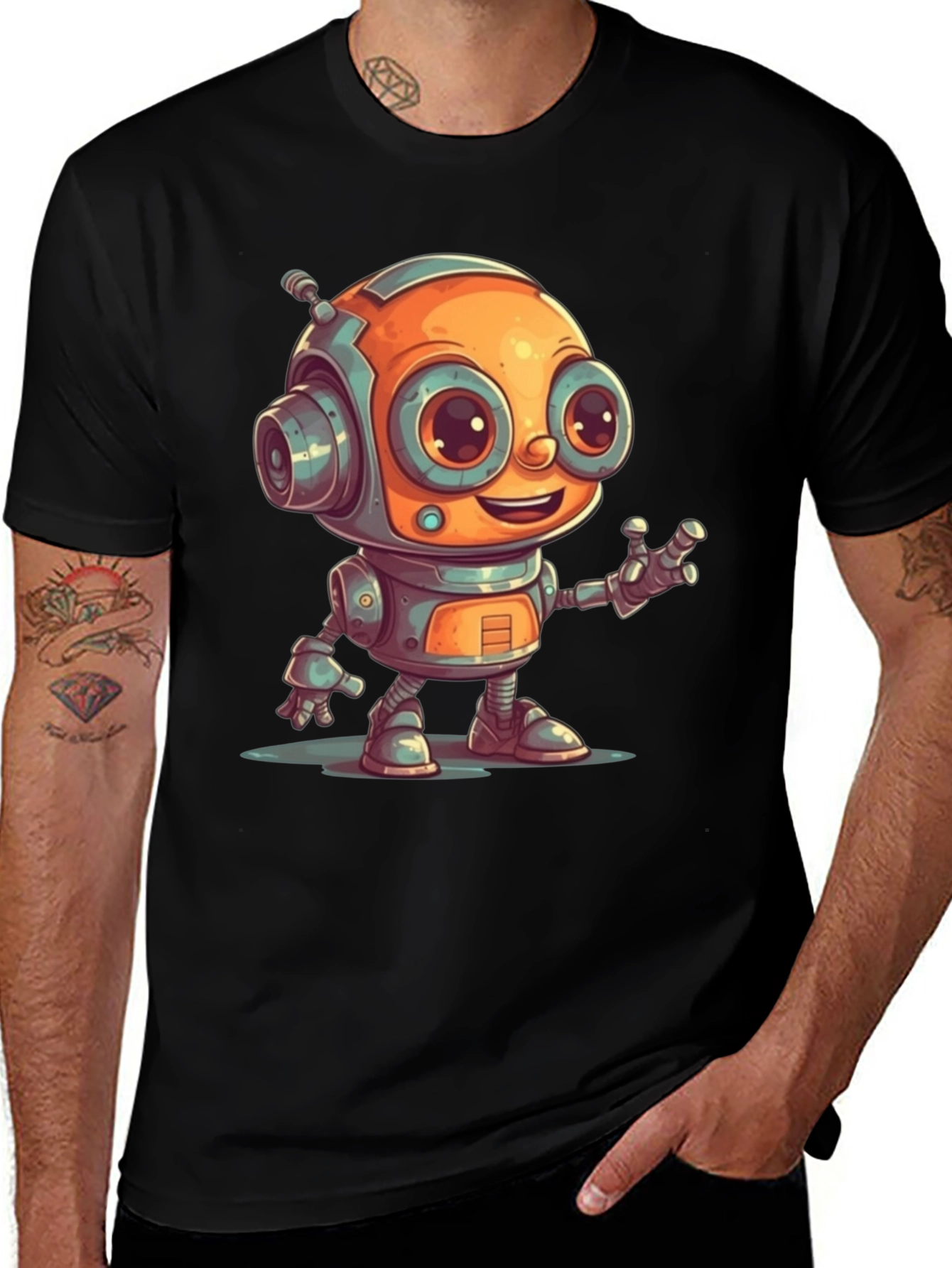 Variant 24 of Cute Robot Graphic Tee - Black Cotton T-Shirt
