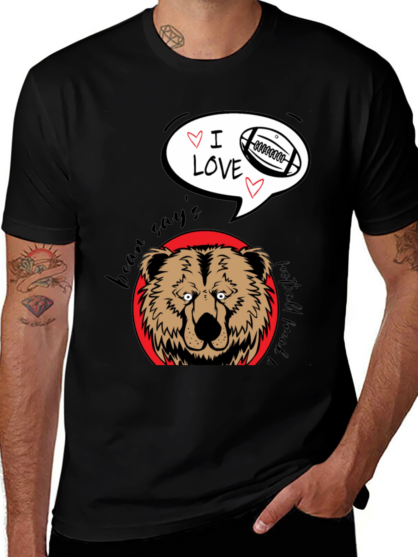 Variant 24 of Bear Says I Love Football Black Graphic Tee