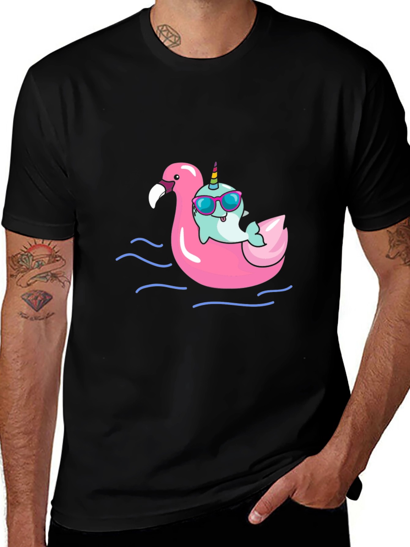 Variant 3 of Narwhal on Flamingo Float Black T-Shirt