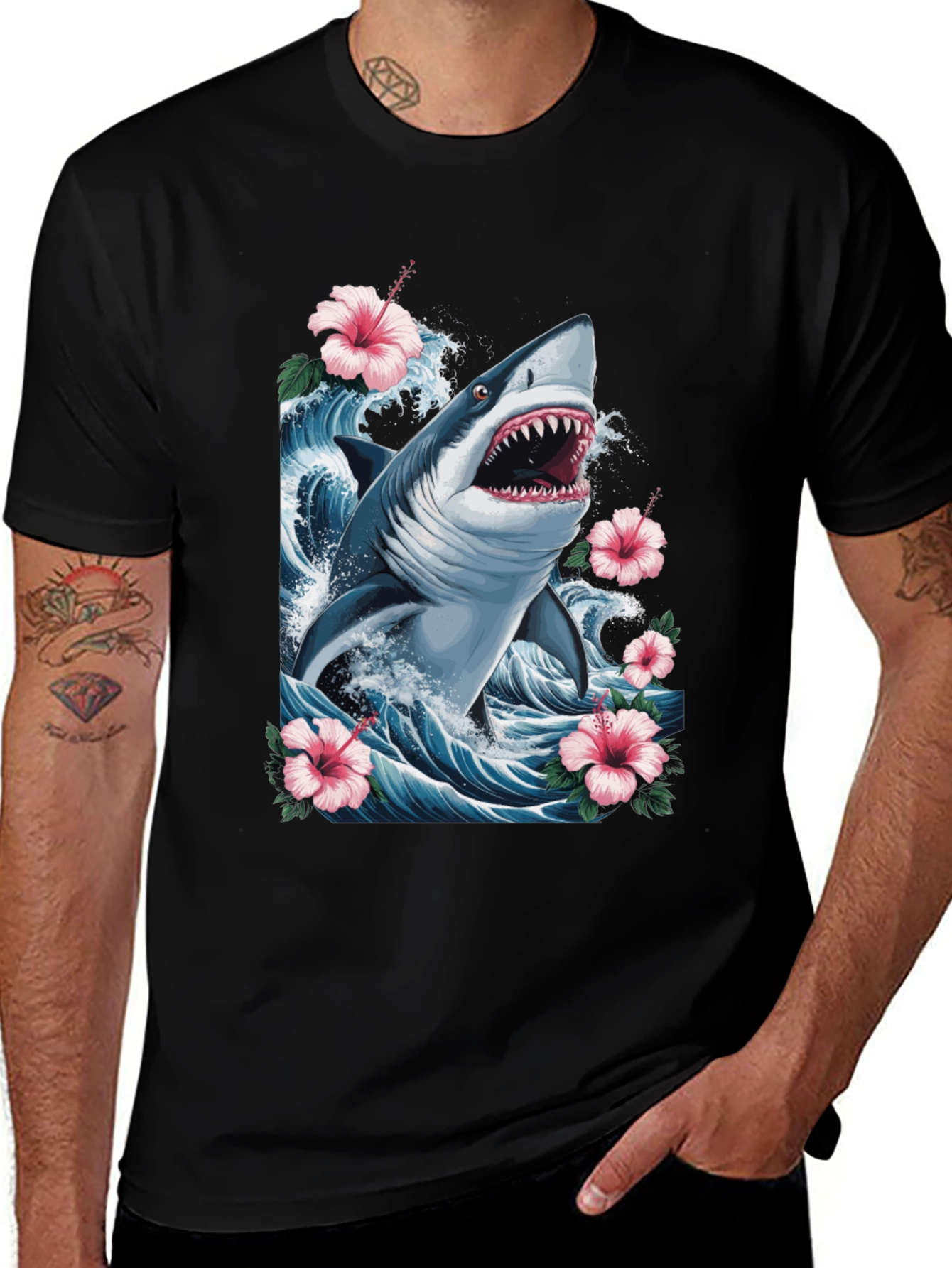 Variant 9 of Shark Attack Floral T-Shirt - Black
