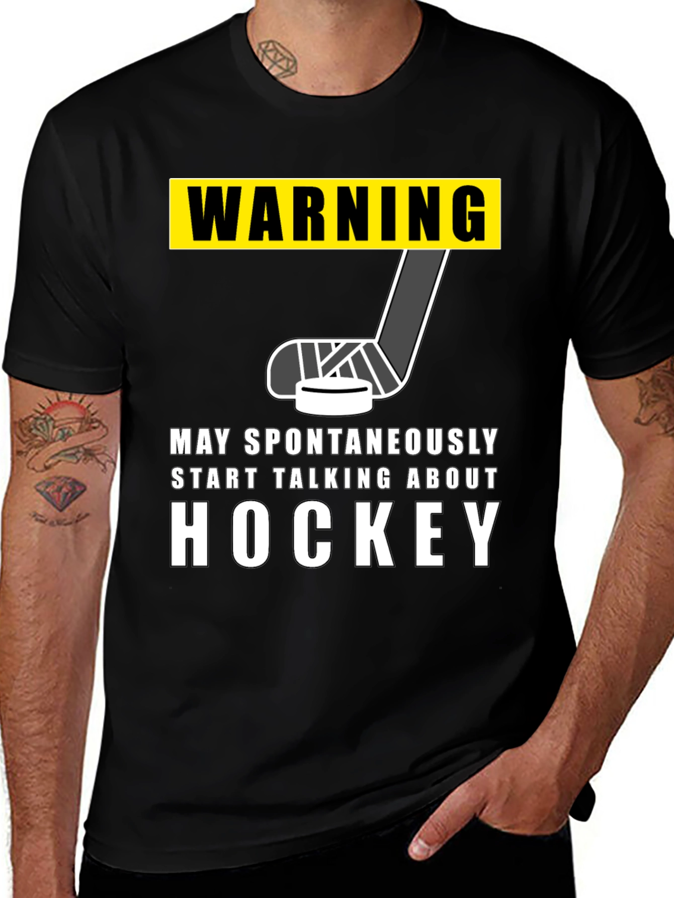 Black Warning Hockey T-Shirt - May Spontaneously Talk About Hockey main image
