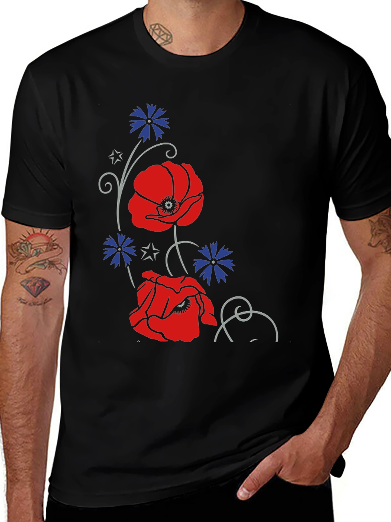 Black Floral Poppy & Cornflower Print Black T-Shirt main image