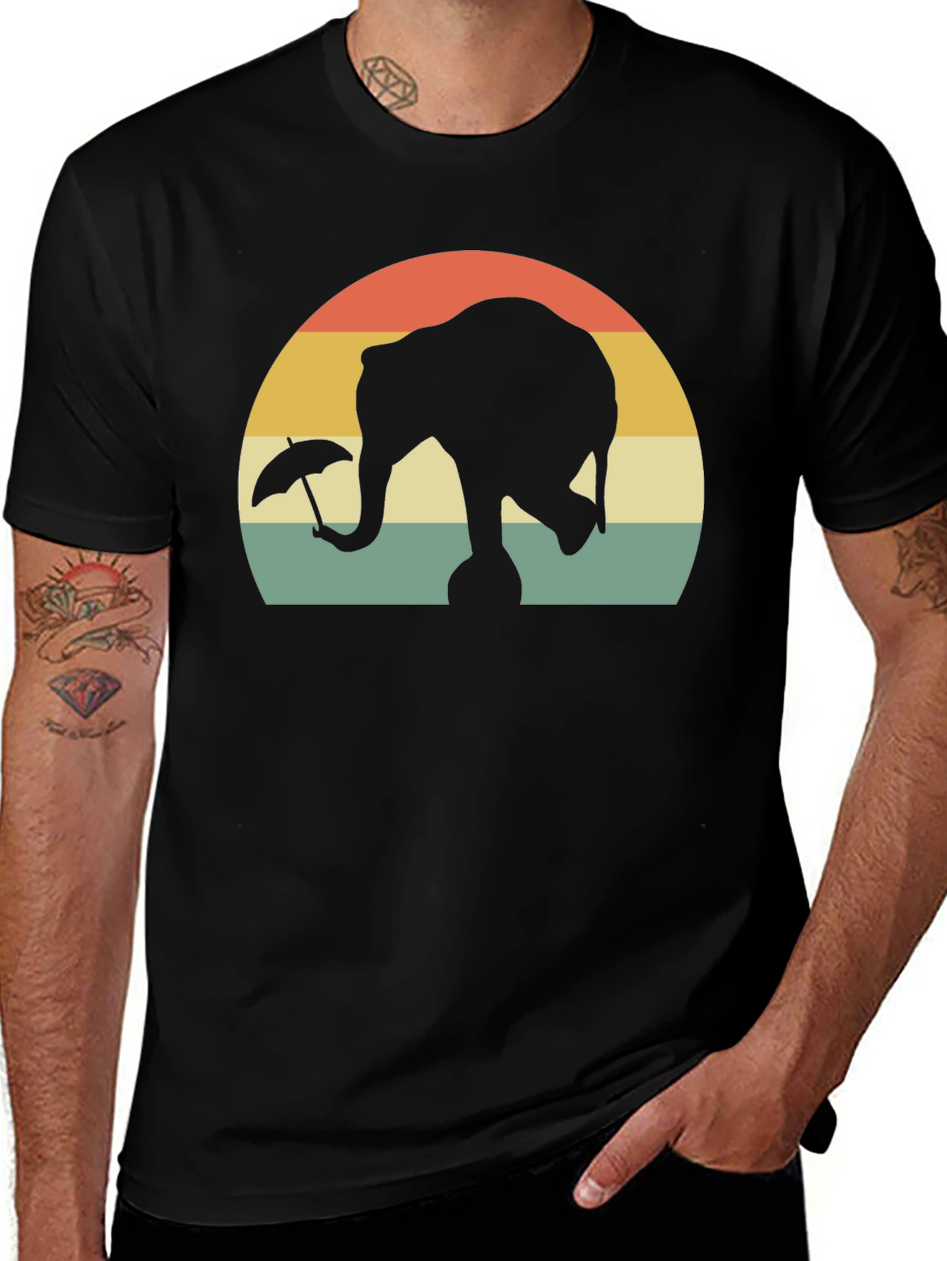 Elephant Umbrella Retro Style Black T-Shirt