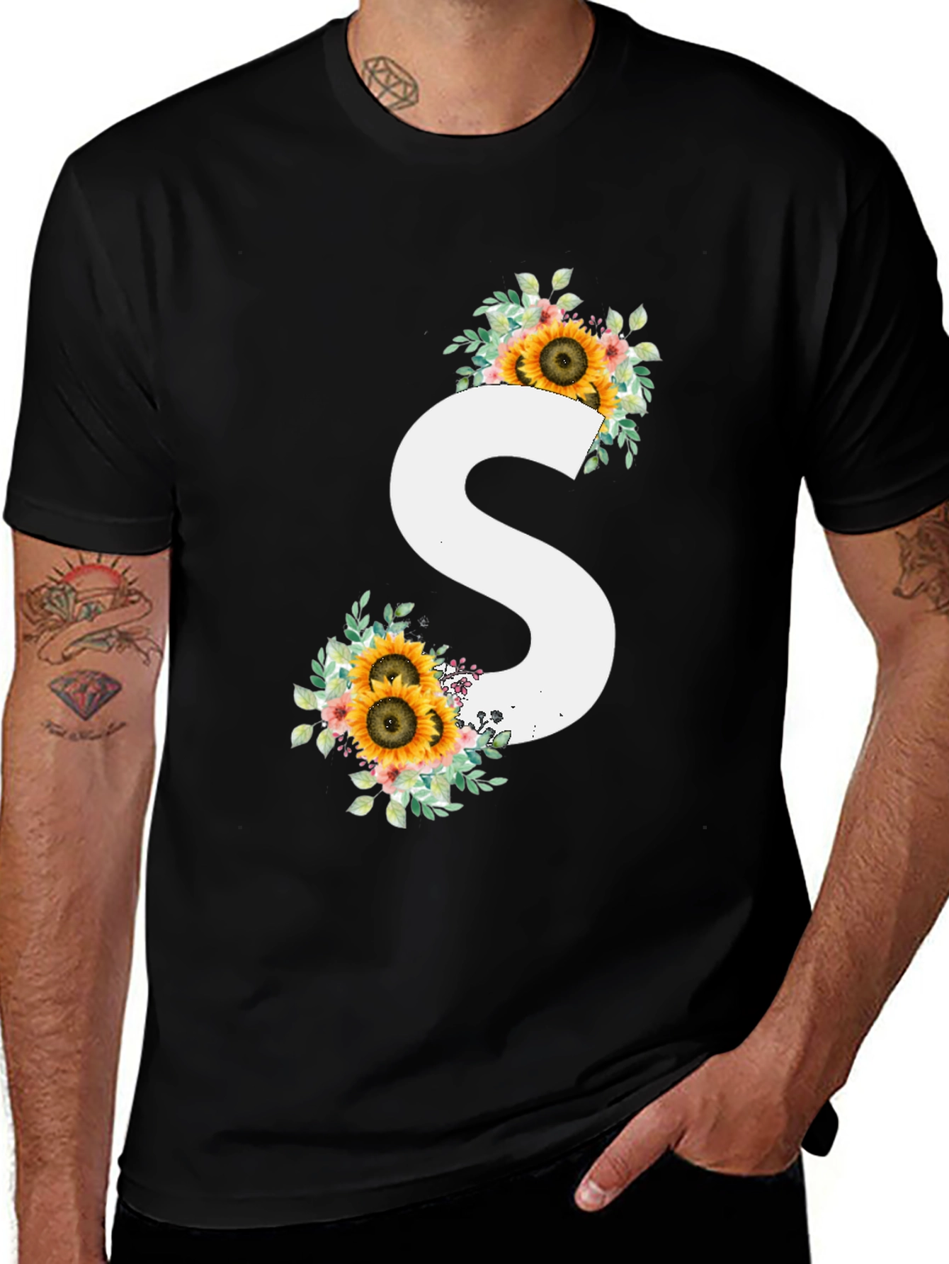 Variant 27 of Sunflower Initial S Black T-Shirt
